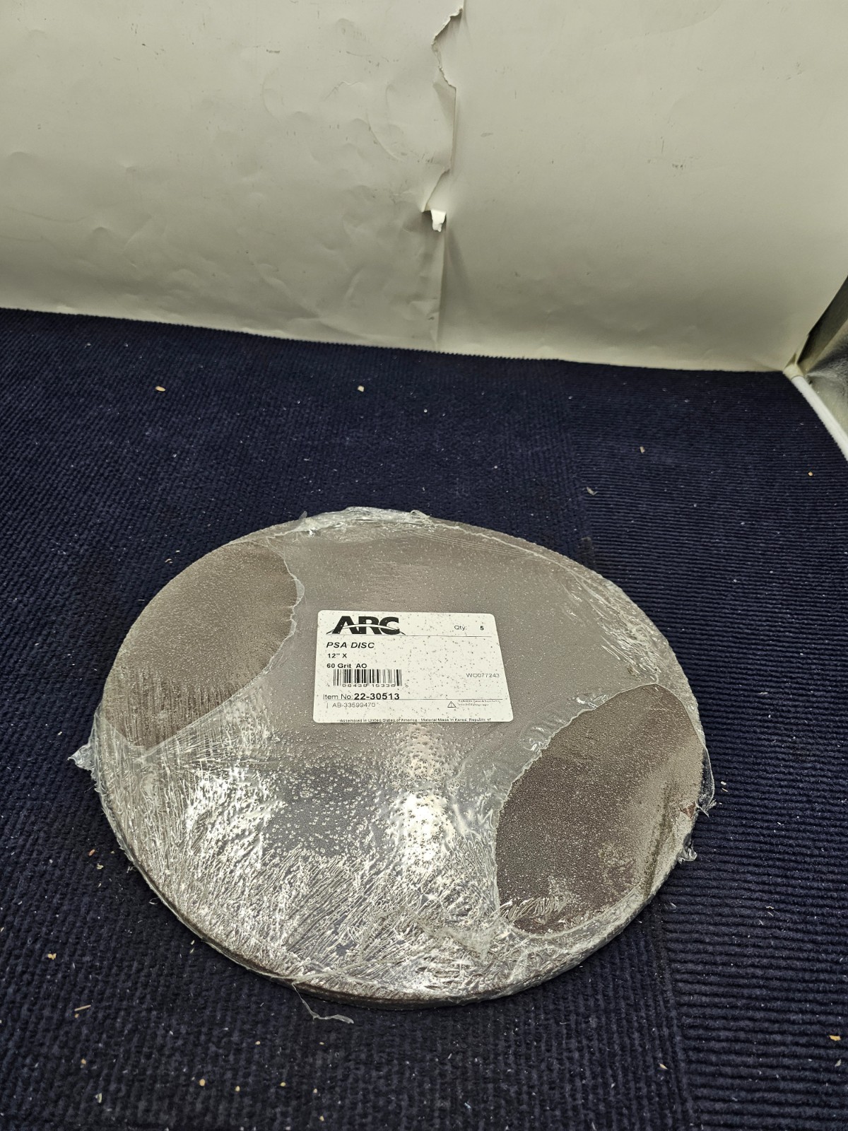 (QTY 5) ARC PSA Sanding Discs 12 Inch 60 Grit AO Aluminum Oxide Adhesive Back