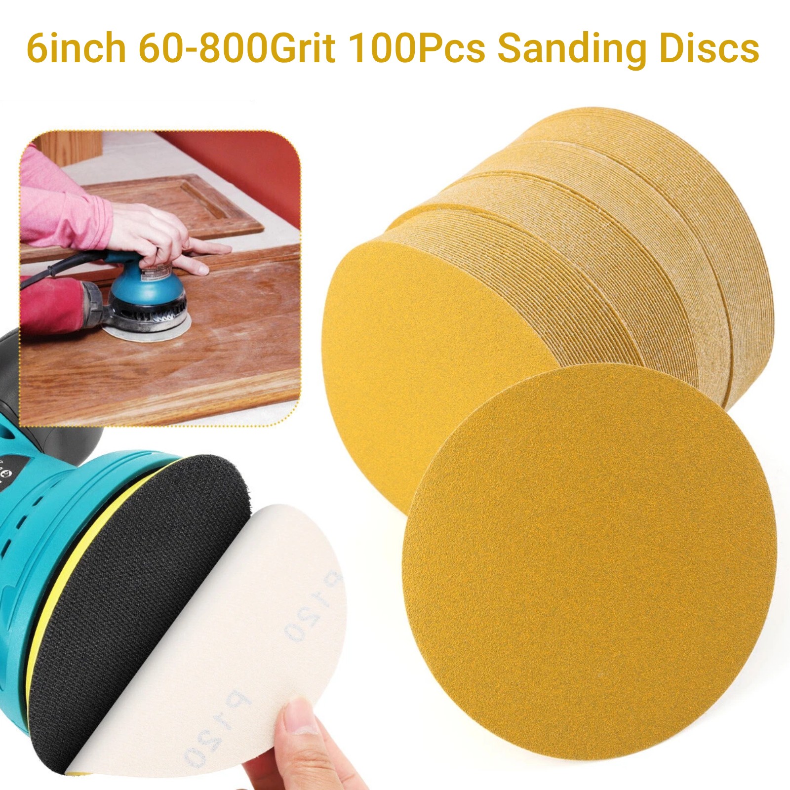 100Pcs 6 Inch Sanding Disc 60-800 Grit Hook and Loop Sandpaper Sanding Disc
