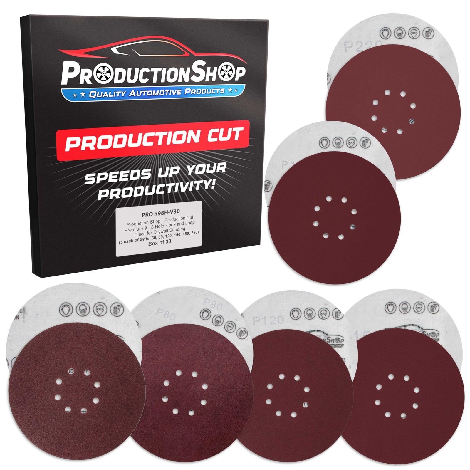 ProductionShop Premium 9″ Red 8-Hole Pattern Sanding Discs, 30 Oxide Brown