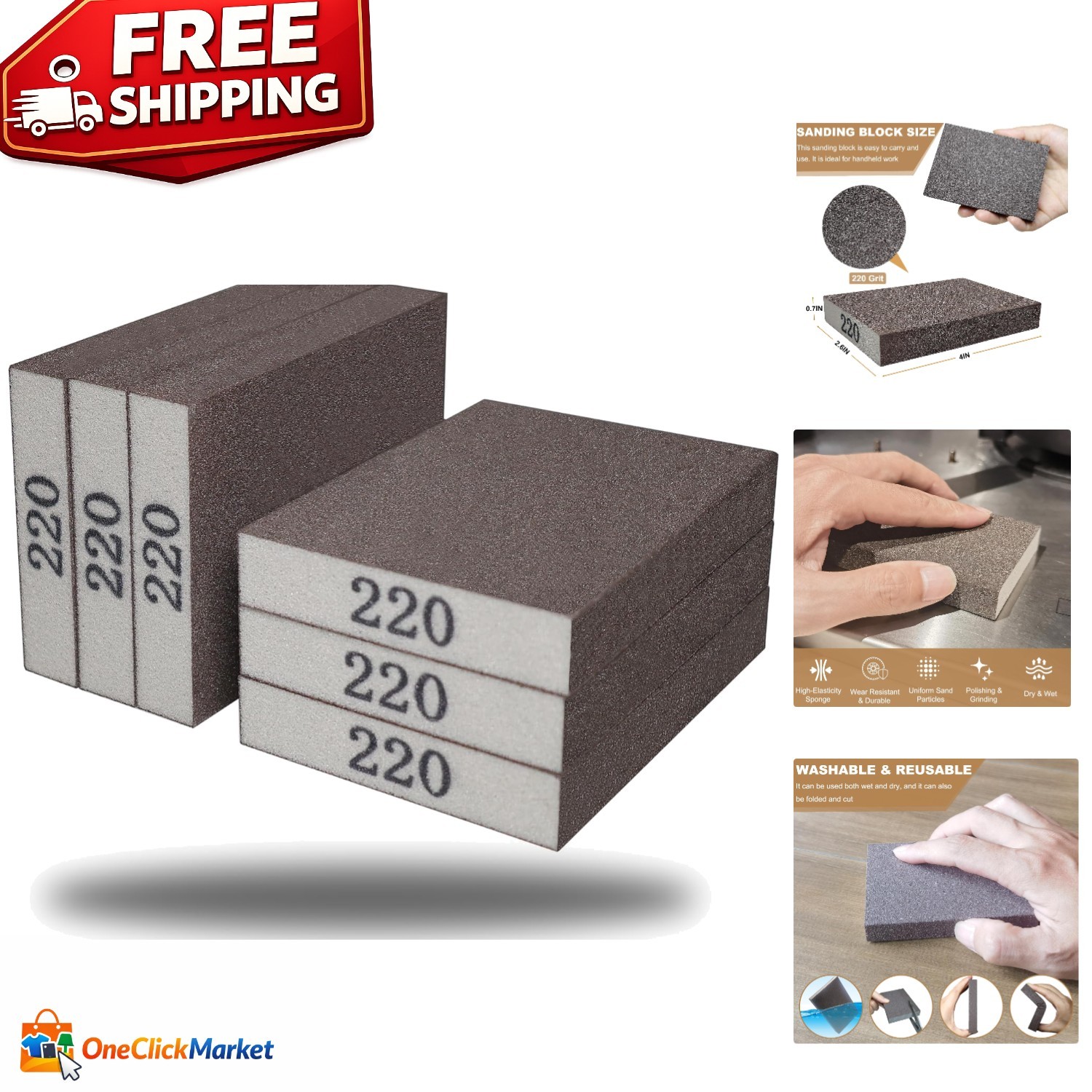 6 Pack 220 Grit Reusable Sanding Sponge – Ideal for Wood and Metal Finishing