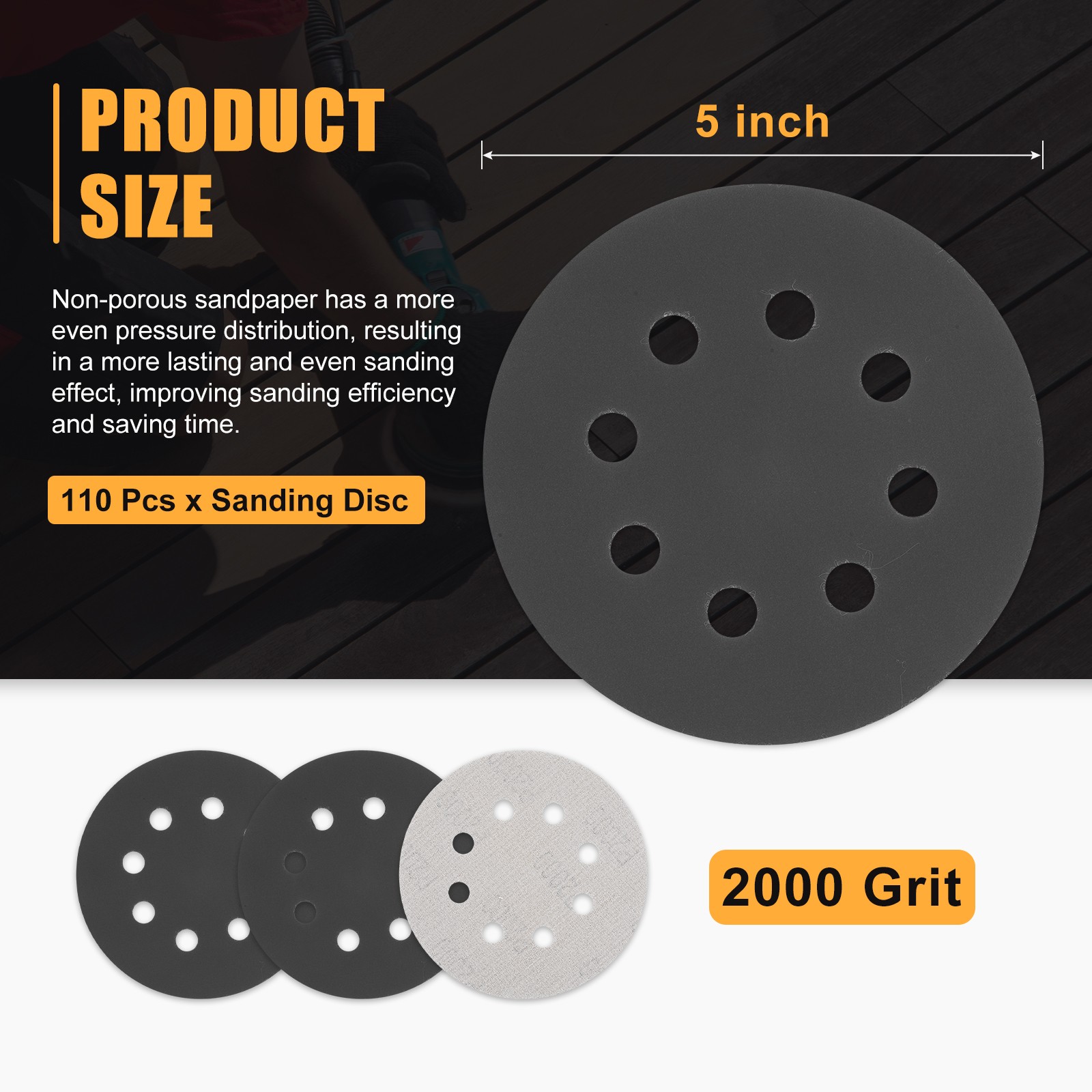110 Pcs 5 Inch Sanding Disc 2000 Grit 8 Hole Round Hook and Loop Sandpaper,Black