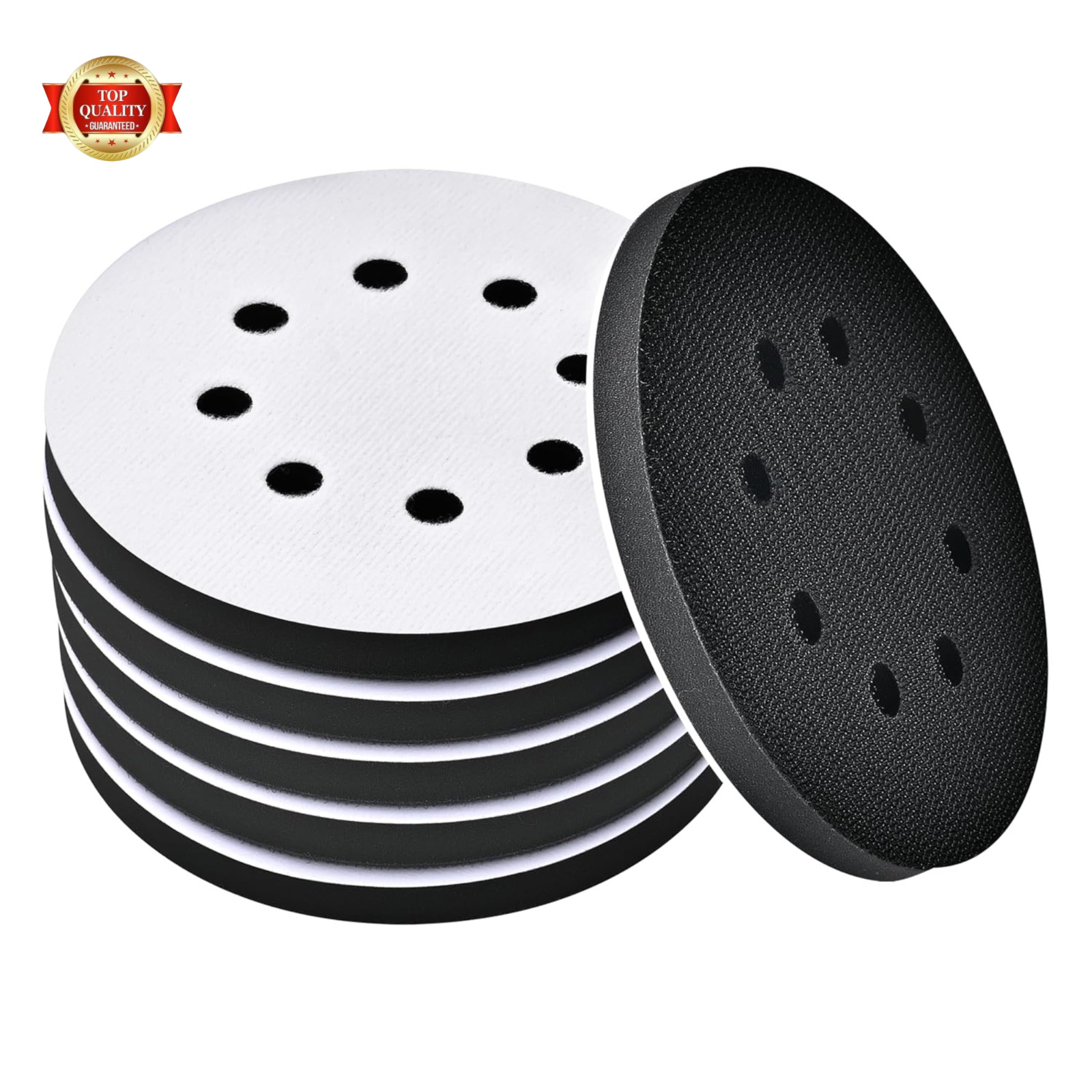 6 Pack 5 Inch 8 Hole Foam Sanding Pads, Soft Density Interface Pad, Hook and Loo
