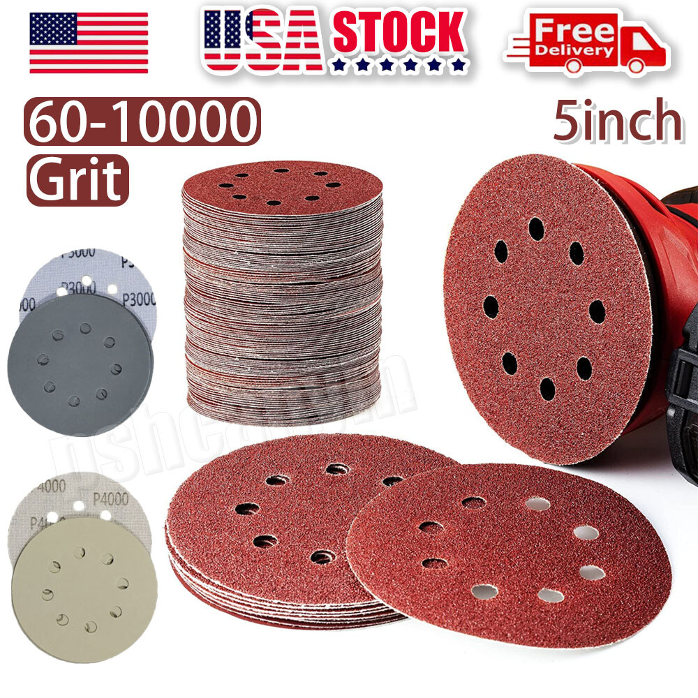 30-125PCS 5″ Sanding Discs 60-10000 Grit Hook and Loop Orbital Sandpaper 8-Hole