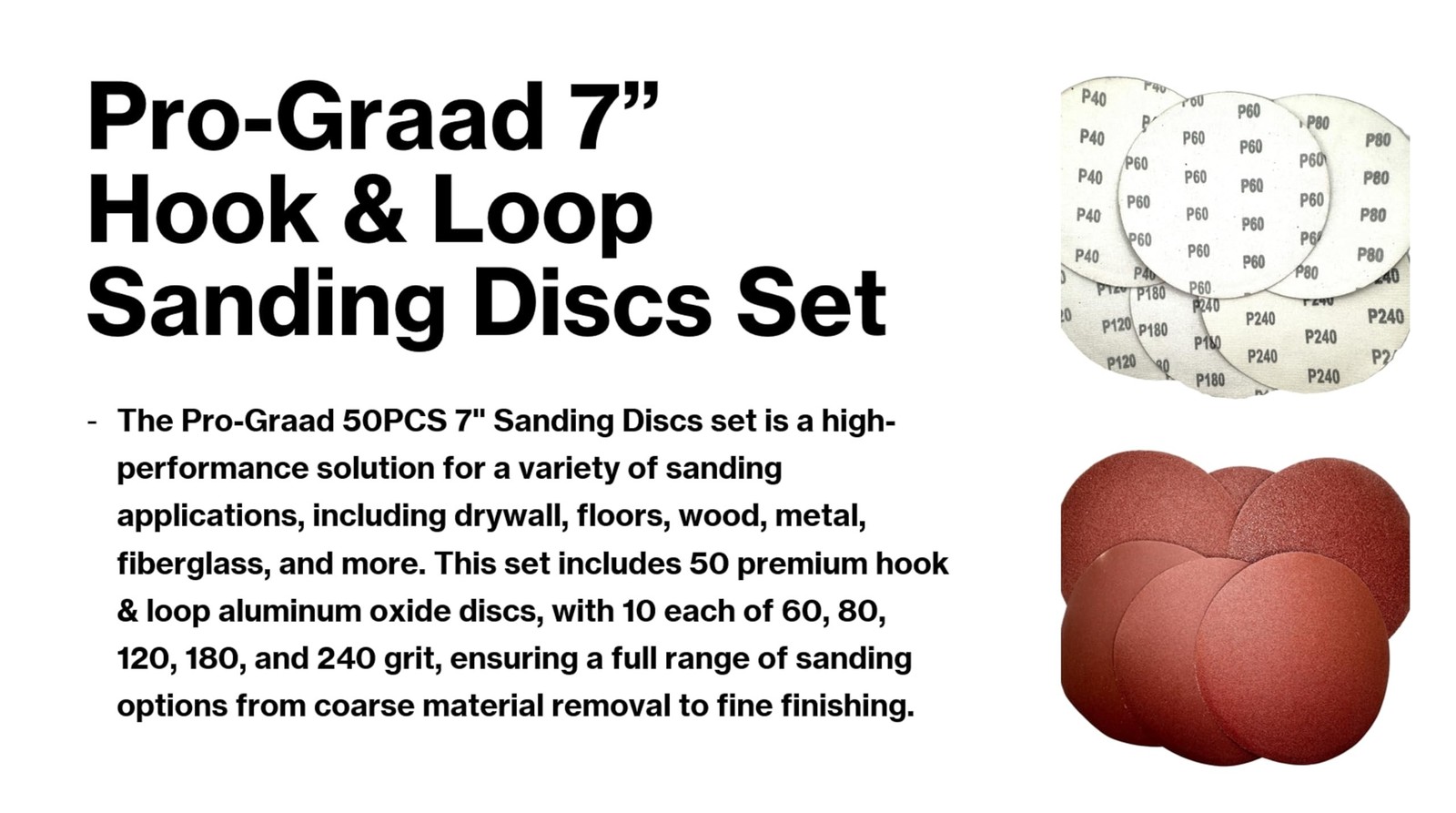 Pro-Graad 50PCS 7″ Sanding Discs – 60/80/120/180/240 Grits, Hook & Loop,…