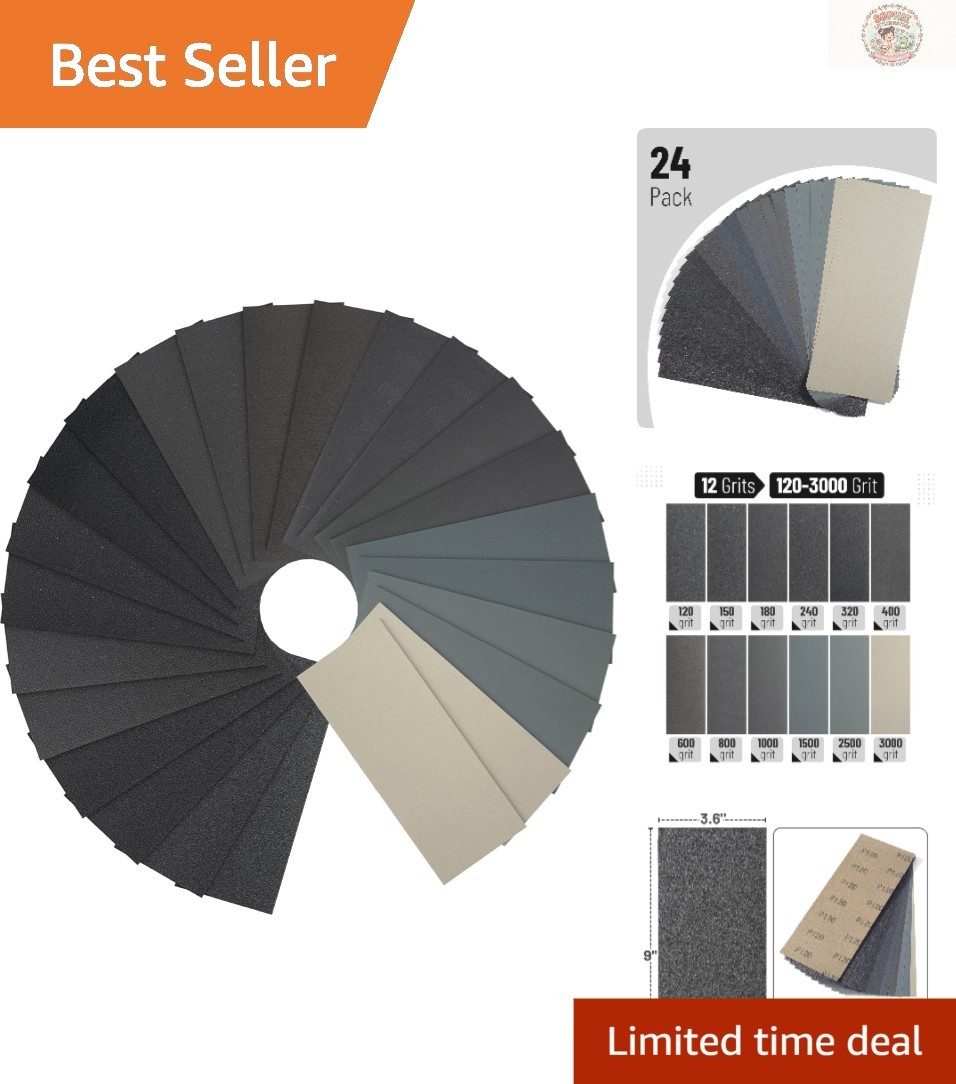 Durable Bates Sandpaper Pack – 24 Sheets from 120 to 3000 Grit for All Surfaces