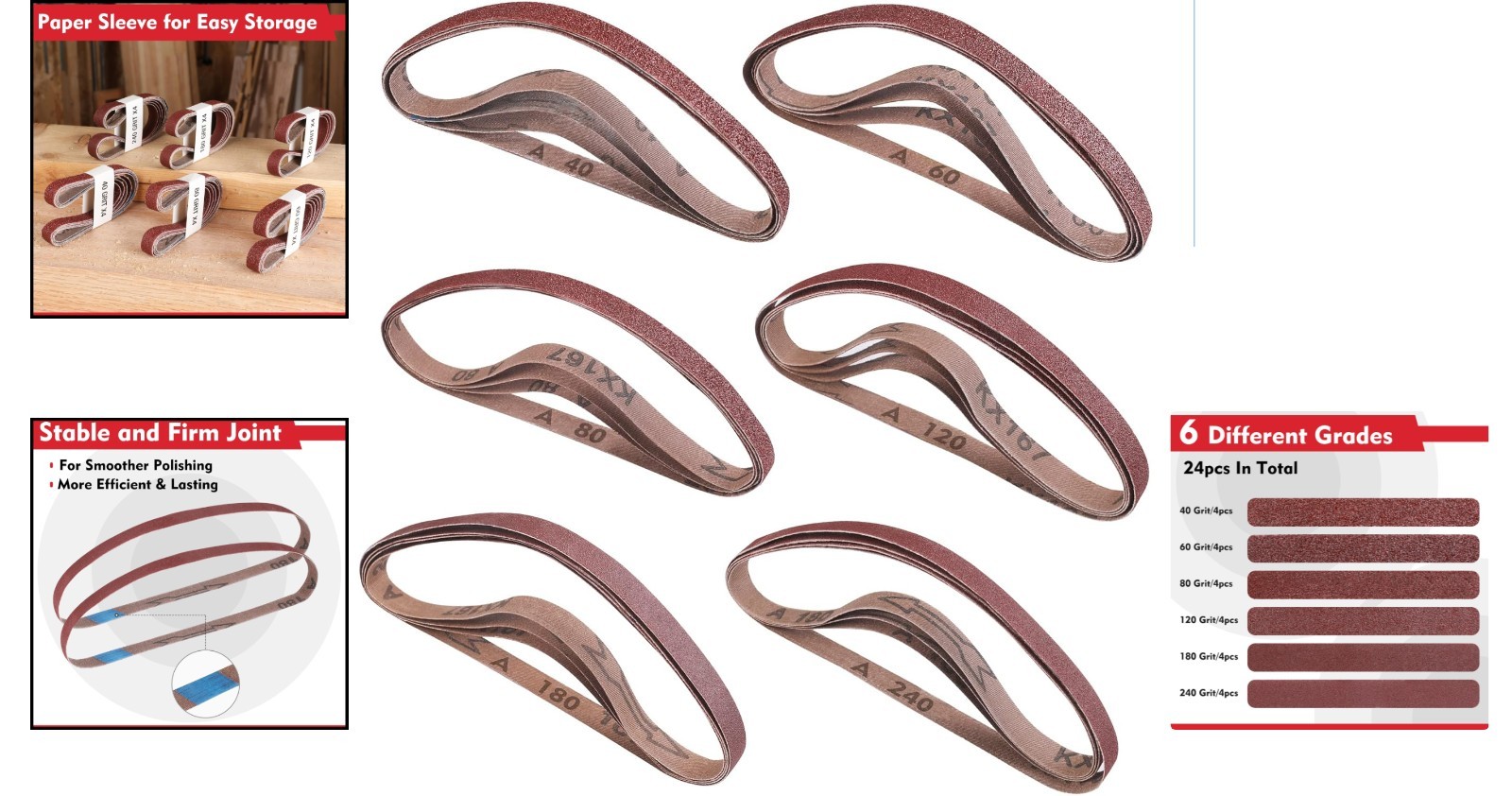 1/2 x 18 Inch Sanding Belts Set – 24 Aluminum Oxide Belts for Wood & Metal