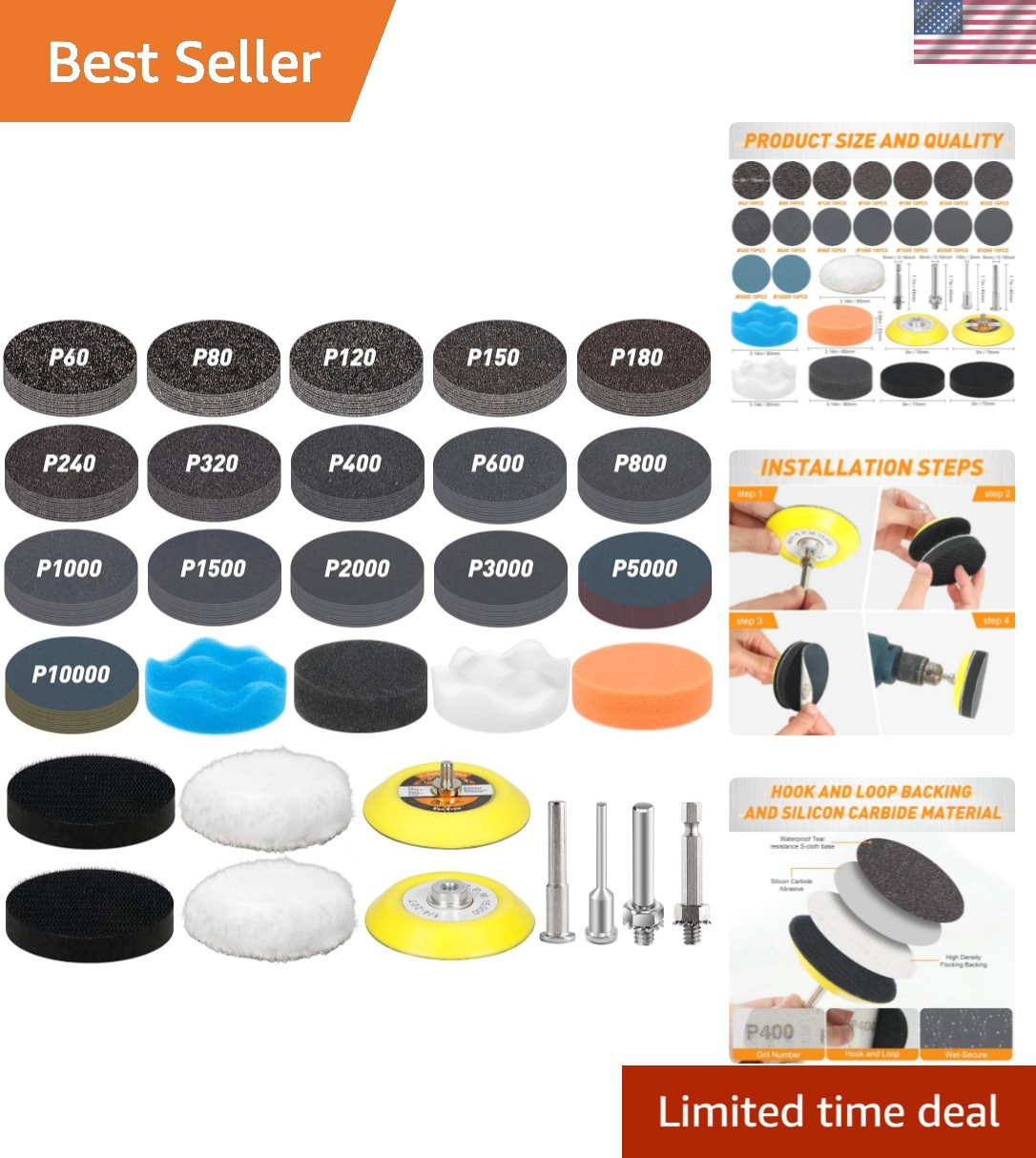 174 PCS 3 Inch Wet Dry Sanding Discs Grit 60 80 120 150 180 240 320 400 600 8…