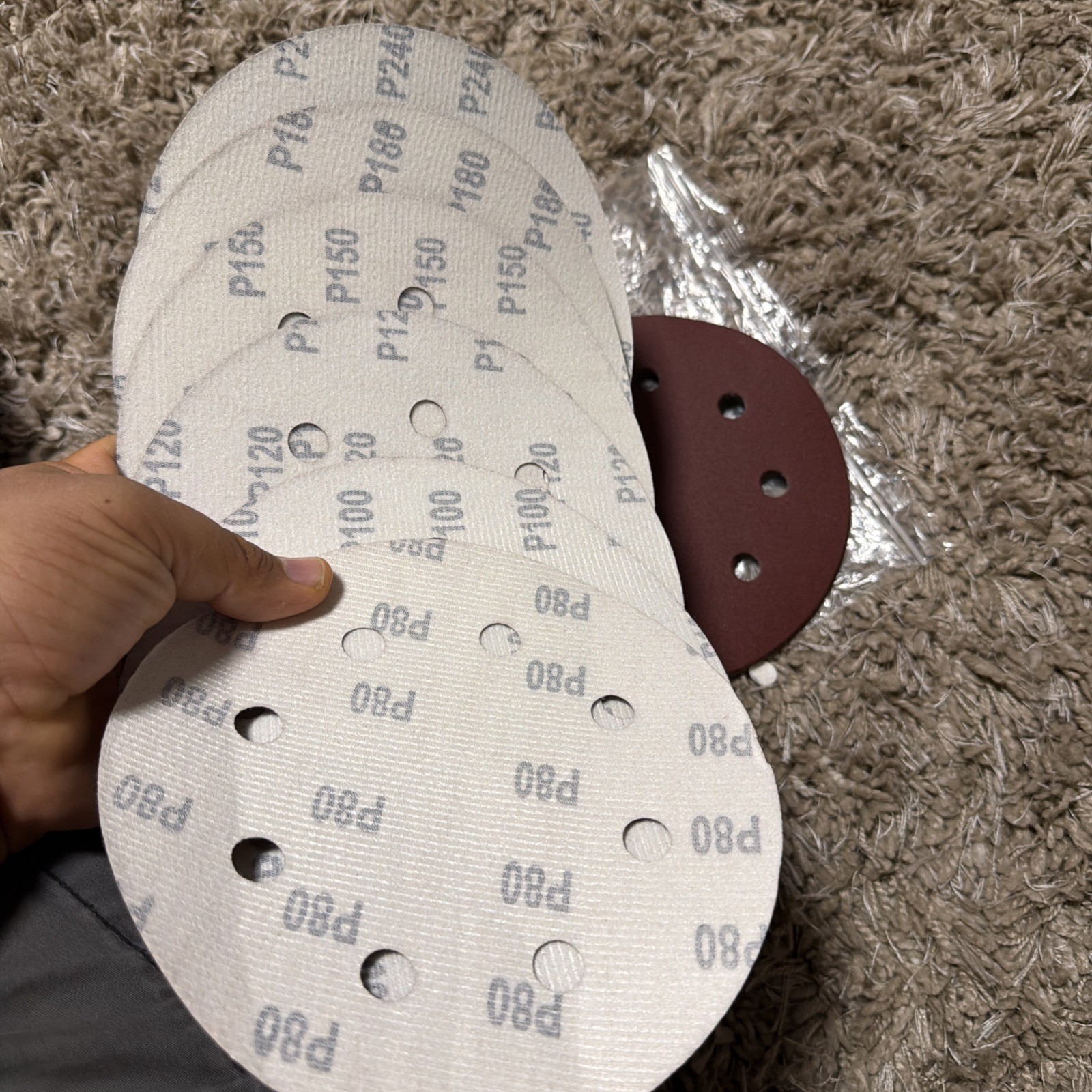 12Pcs 7 Inch 8 Hole Sanding Disc 80 100 120 150 180 240 Grit Flocking Sandpaper