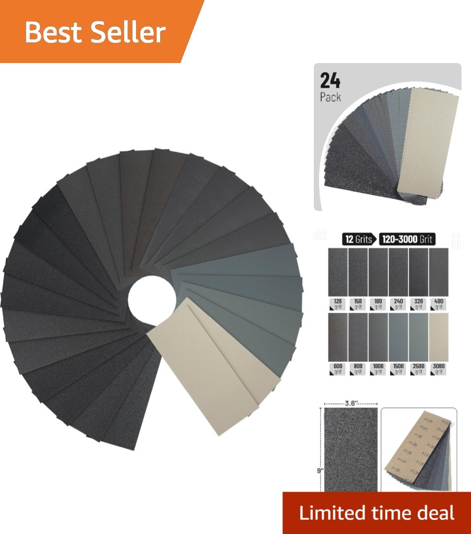 Bates 24-Piece Sandpaper Assortment, 120-3000 Grit, Aluminum Oxide, Wet/Dry