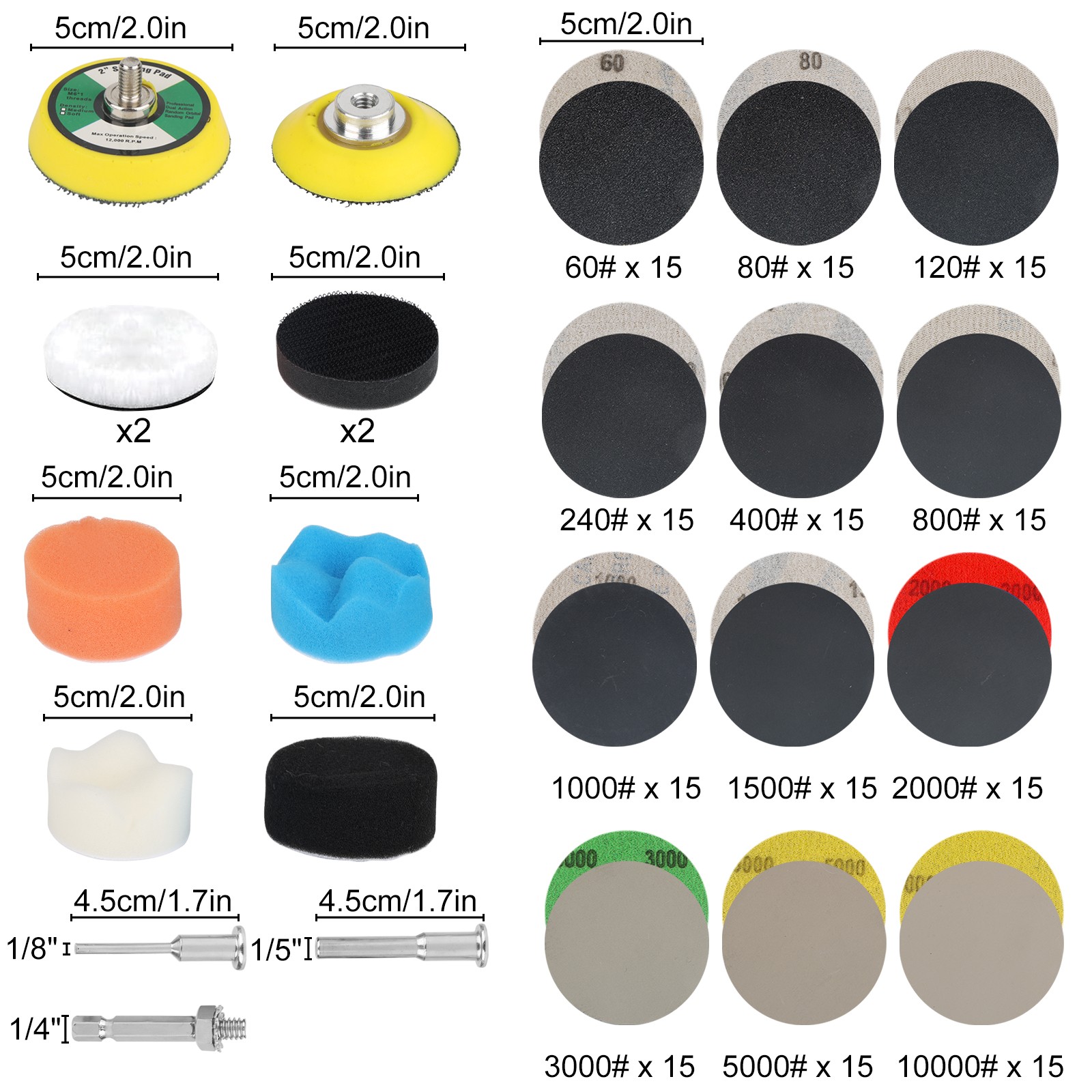 193x 2″ Wet Dry Sanding Discs Hook Loop Sandpaper 60-10000 Grit 1/4″ 1/8″ Shank