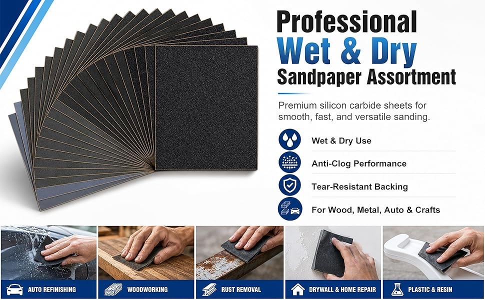 10-Sheets 280 Grit Sandpaper, 9 x 11 Inch Wet Dry Sand Paper Assortment Pack,