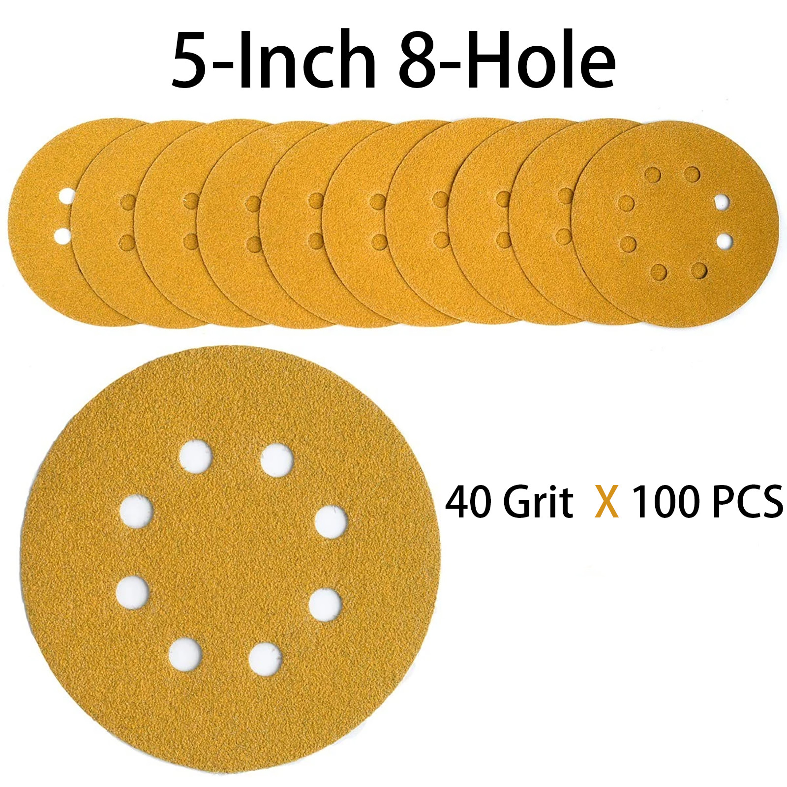 100Pcs 5 Inch Sandpaper Discs 8 Hole Hook Loop for Random Orbital Sander 40-320