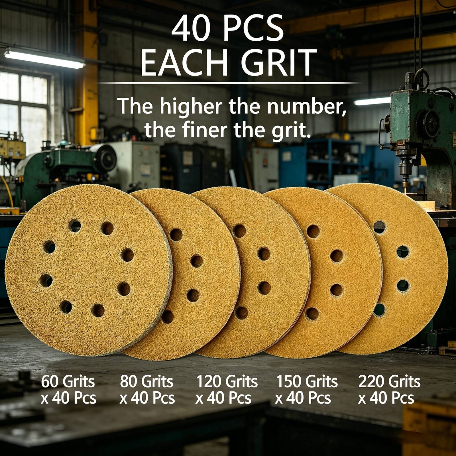 200Pcs 5 inch Sanding Discs 60-220Grit 8-Hole Hook Loop Orbital Sander Sandpaper