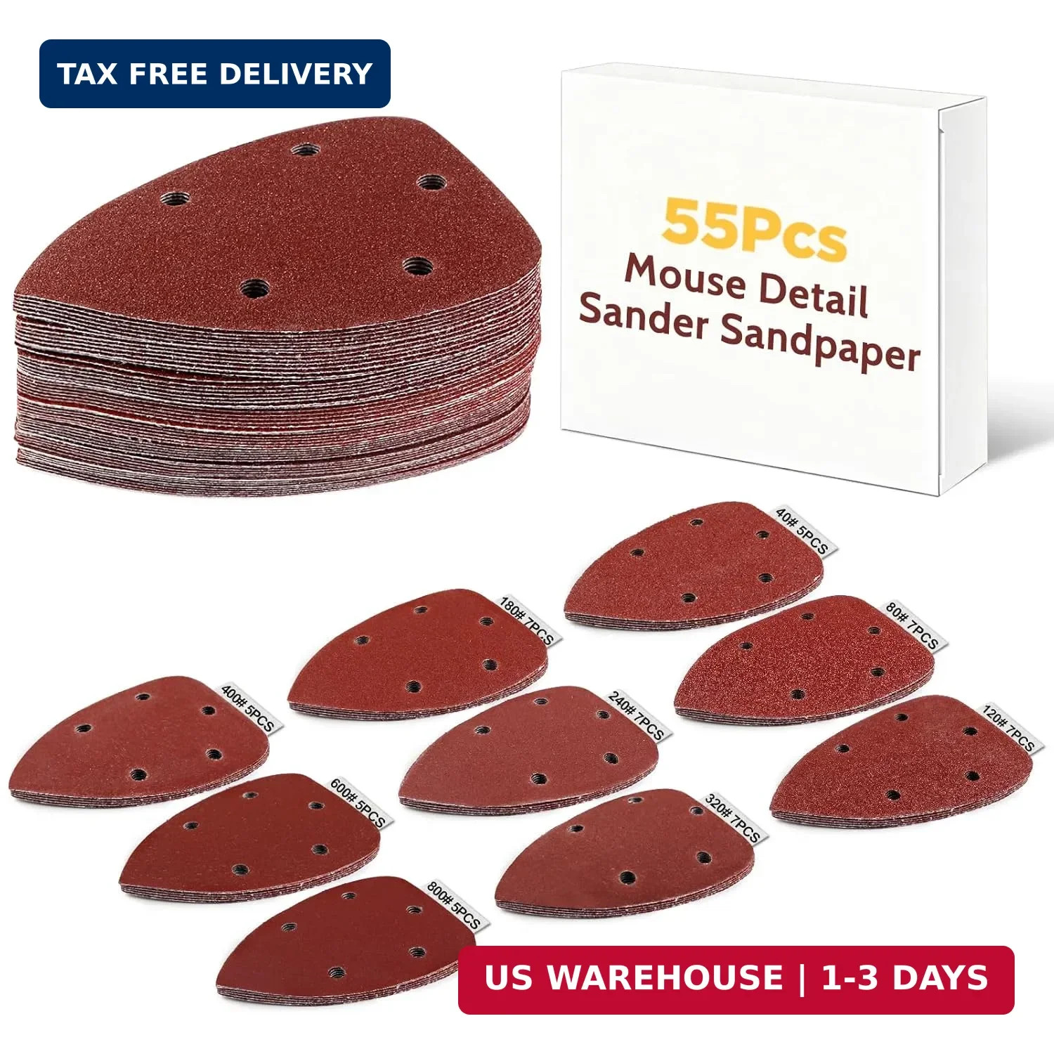55Pcs Mouse Detail Sander Sandpaper Premium Triangle Sanding Pads 9 Grits 40-800