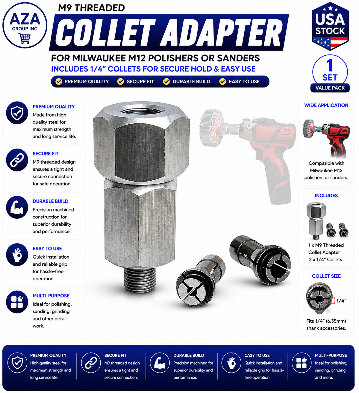 M9 Threaded Collet Adapter for Milwaukee M12 Polishers or Sanders, Includes 1/4