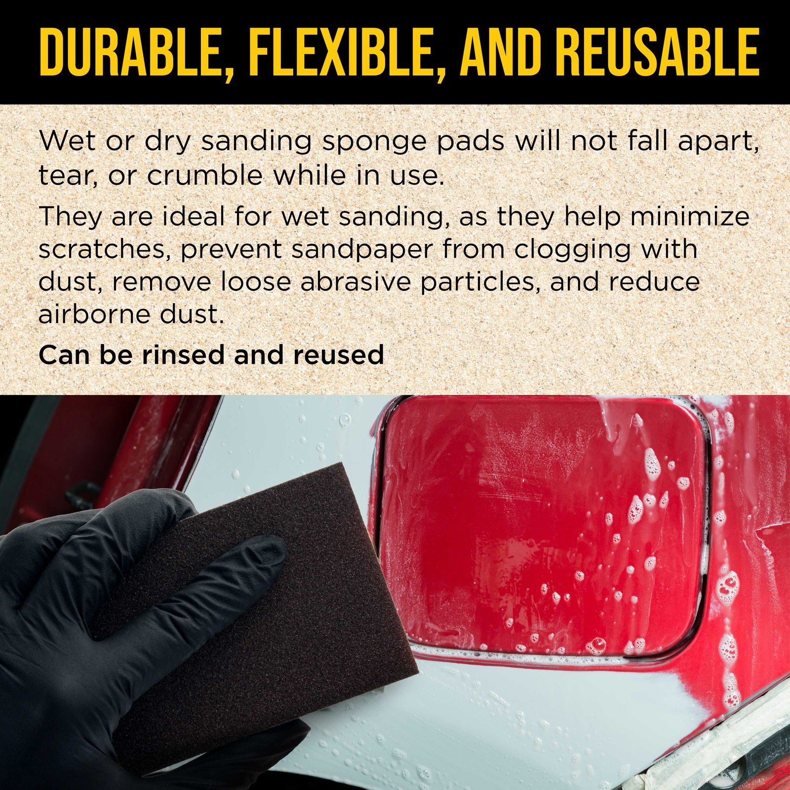 60 Grit 4-Sided Hand Sanding Block Sponges, 6/Box – 3.9″ x 2.75″ x 1″ Wet or Dry