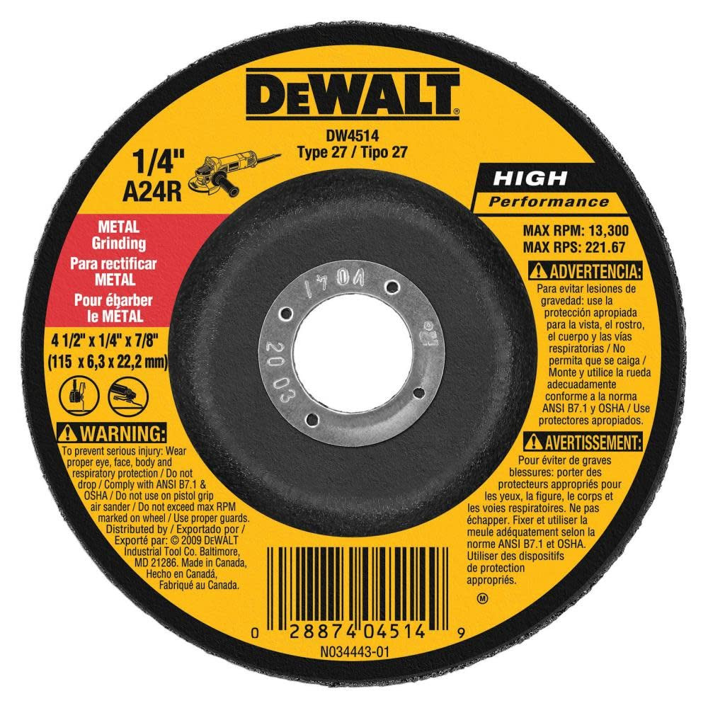 DEWALT DW4514 1/4″ Thick Grinding Wheel with 4-1/2″ Diameter and 7/8″ Arbor