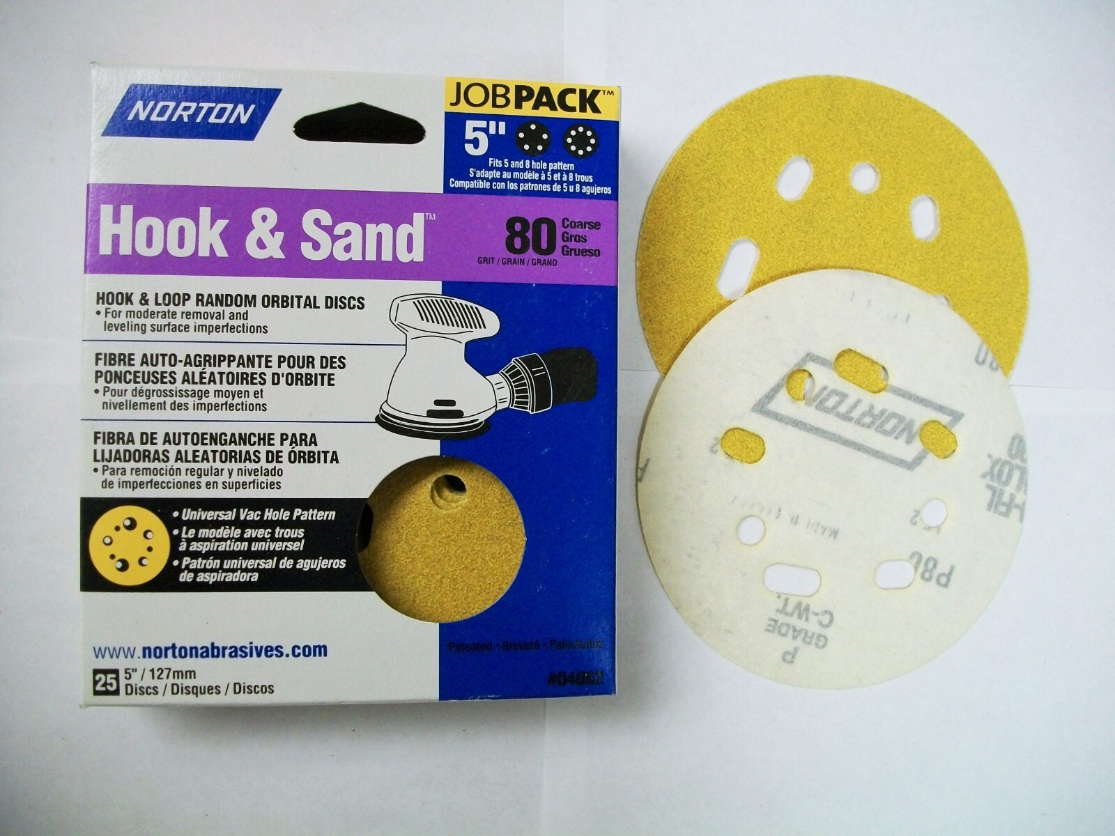 5″ Hook & Loop Sanding Discs, 8 Hole, Norton, 80 Grit, #04062, 25 pack