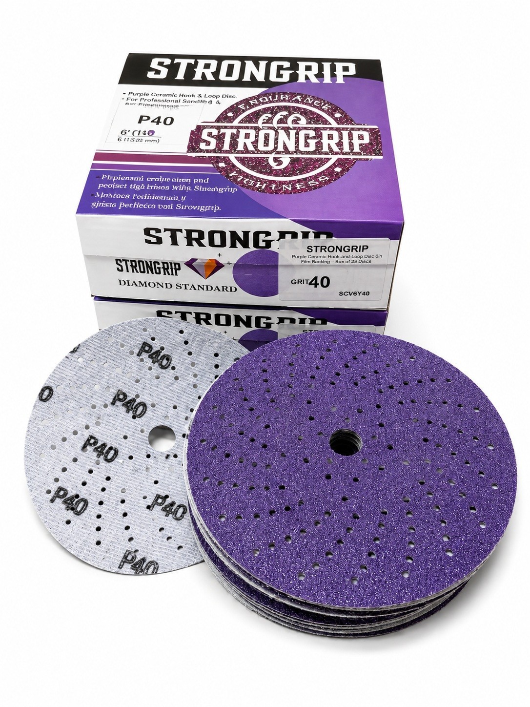STRONGRIP 6″ Ceramic Film Hook & Loop Sanding Discs Multi-Hole 50 Discs P-40