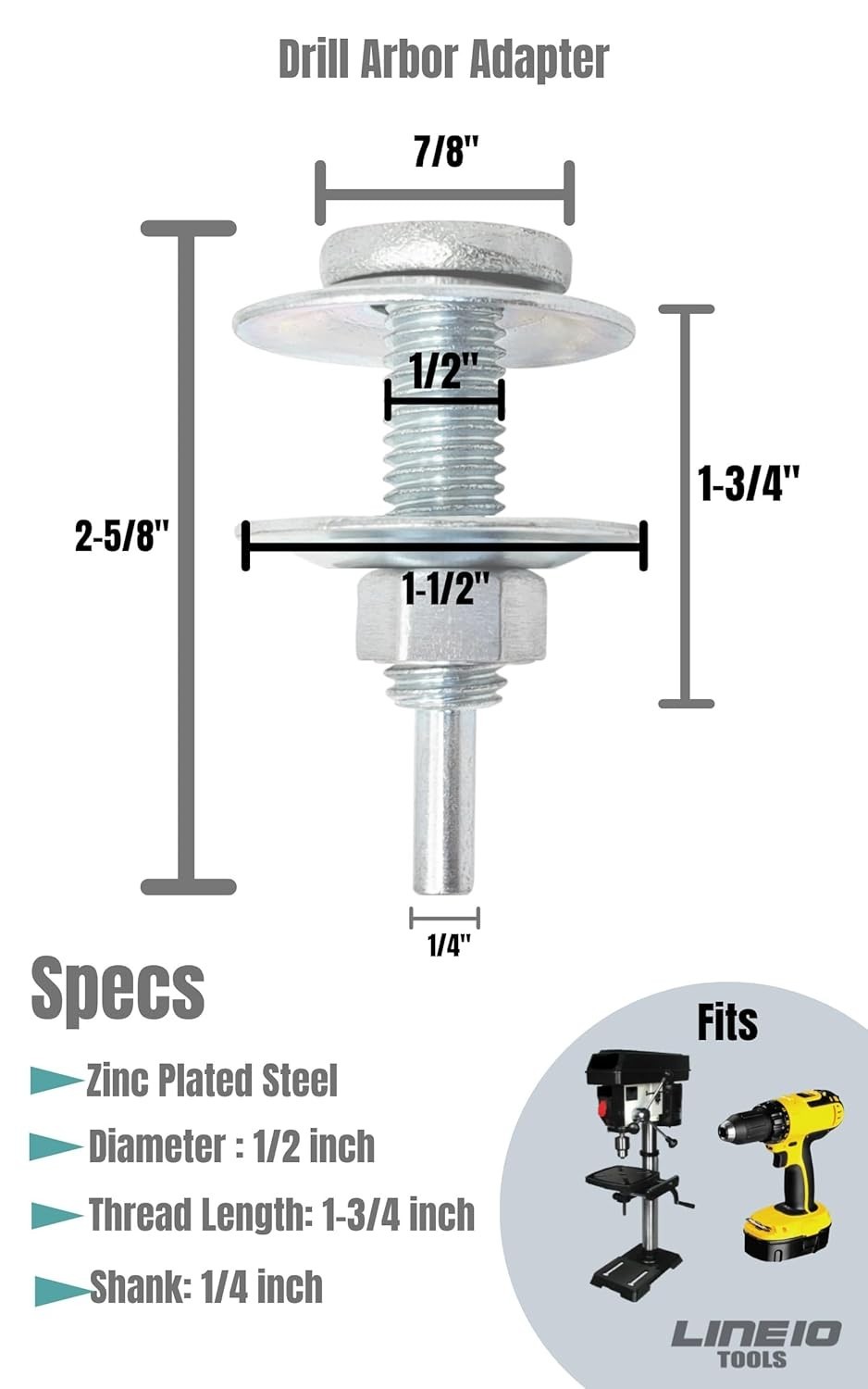 Drill Arbor Adapter Mandrel for Buffing and Grinding Wheels, 1/2-inch Diameter