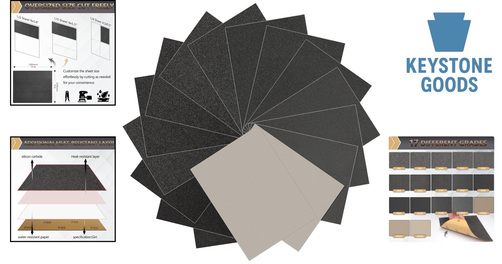 12-Piece 9×11” Silicon Carbide Wet/Dry Sandpaper Set for Woodwork, Auto, & DIY