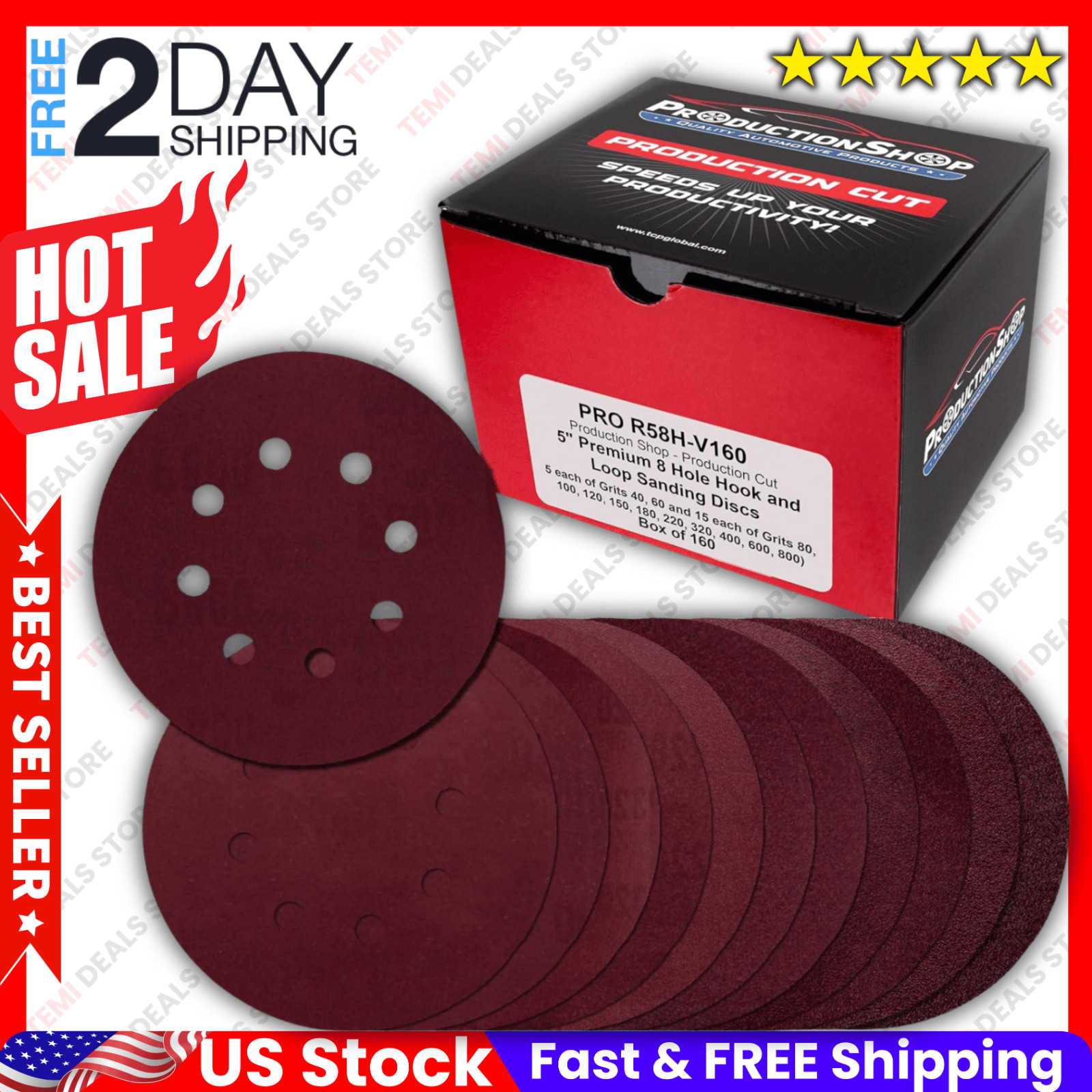 160 Pack 5 inch Sanding Discs 8-Hole Red Variety Pack Grit, Hook ,Loop Sandpaper