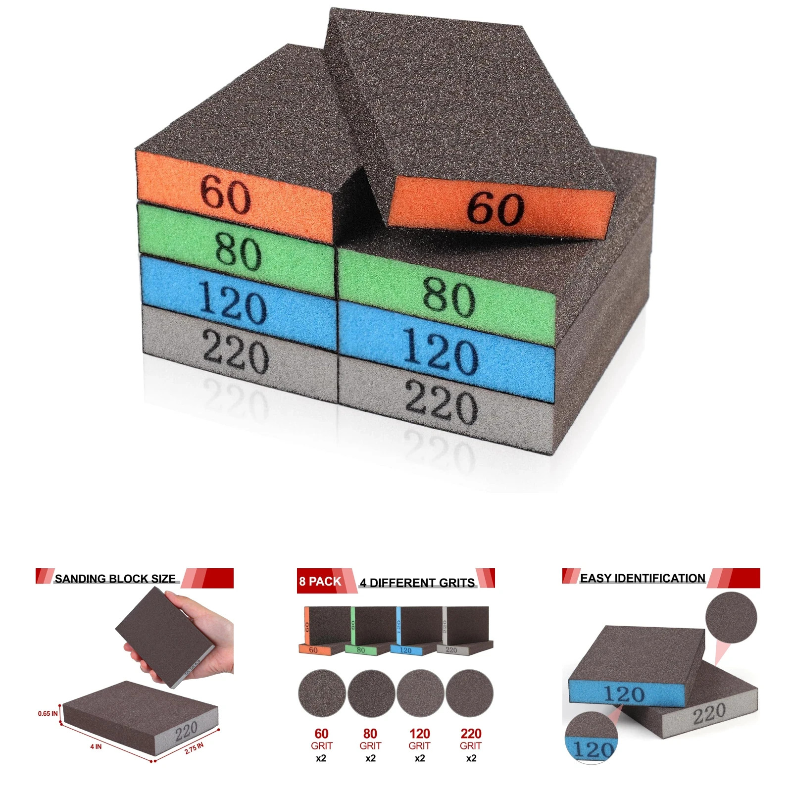 Sanding Sponge Assortment 8 Pack Includes 60 80 120 220 Grit Reusable for
