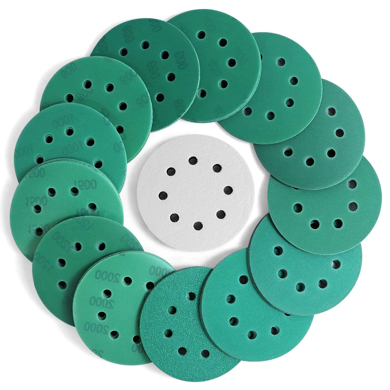 50Pcs 5 Inch Green Film Sanding Discs 8 Hole Hook&Loop for Random Orbital Sander