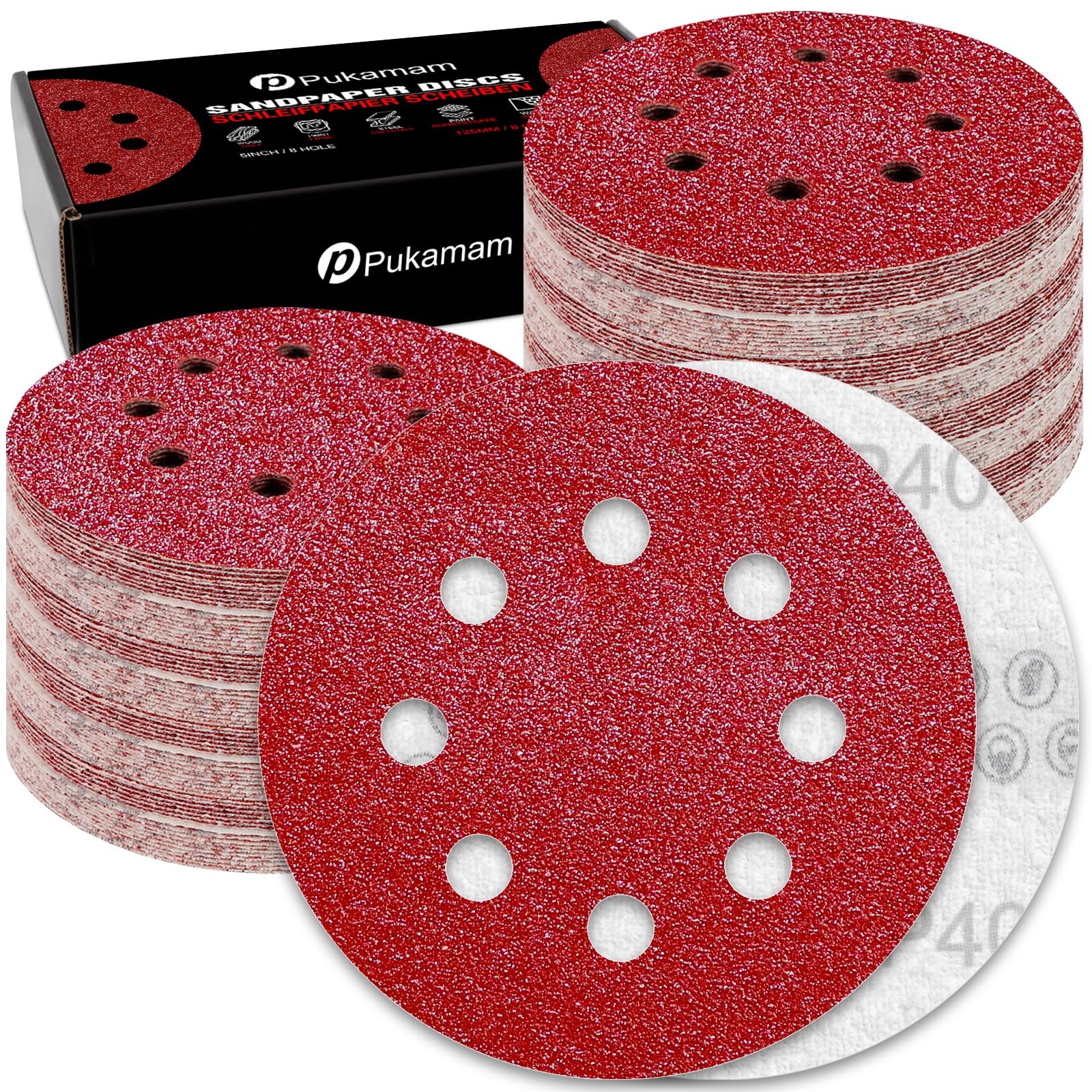 Pukamam 120 Pcs 5 inch Sanding Discs 40 Grit 8 Hole Hook and 5 inches, Red