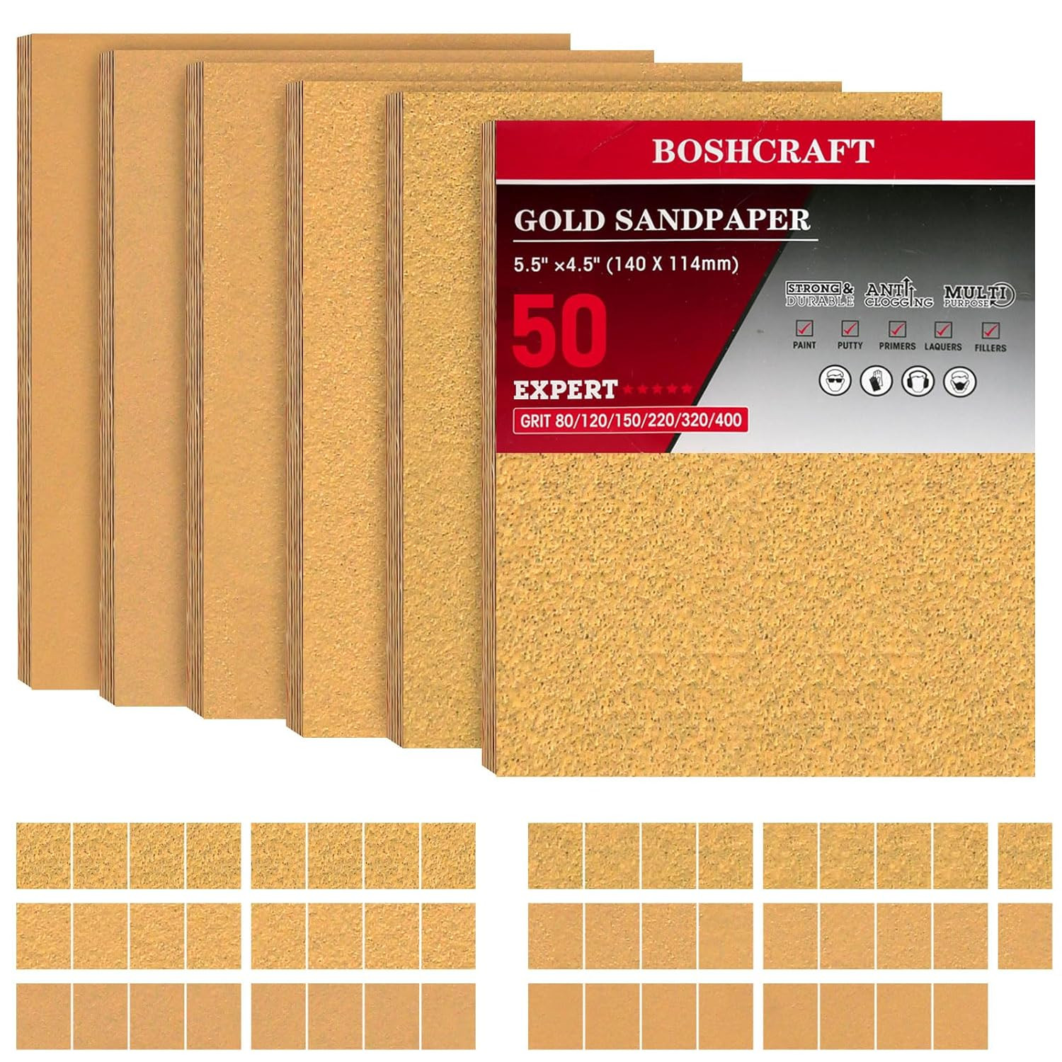 50 Pcs 1/4 Sheet Sandpaper, Premium Sand Paper 80/120/150/220/320/400 Grit Sand