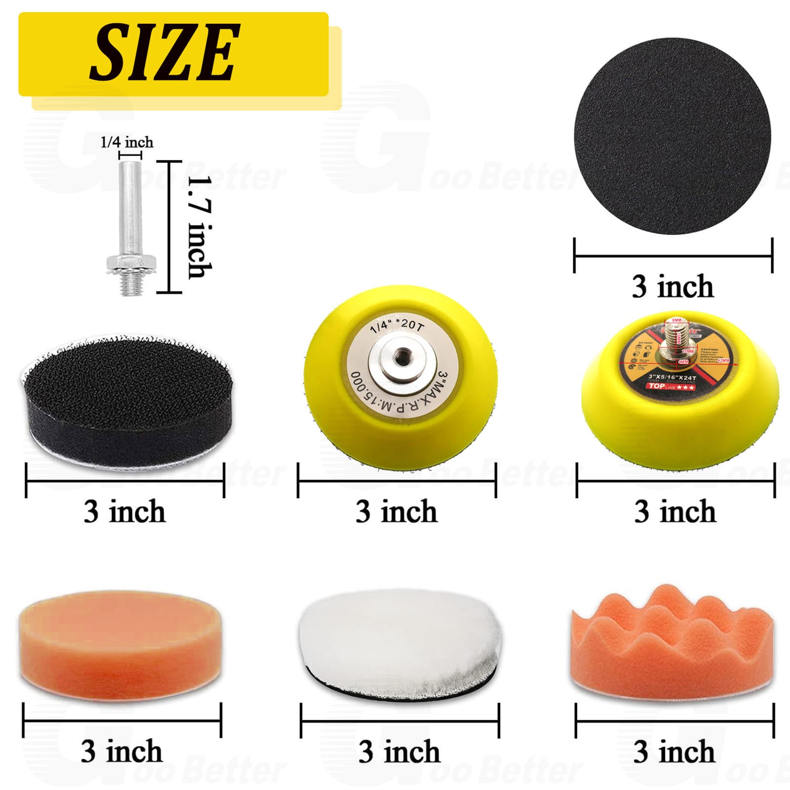 126pcs 3″ Sanding Discs Grit 60-10000 Hook and Loop Sandpaper Buffing Pads Kits