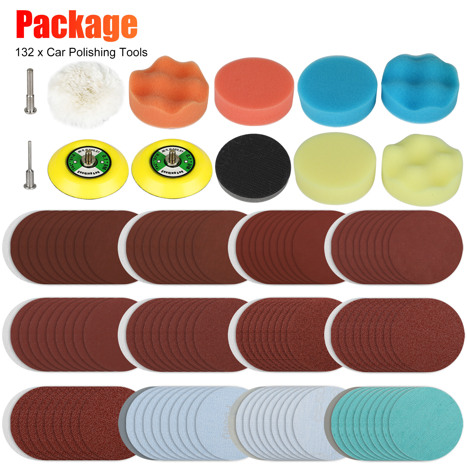 132Pcs 3″ Sanding Discs Foam Buffering Sponge Pad Sander Paper + Drill Adapter