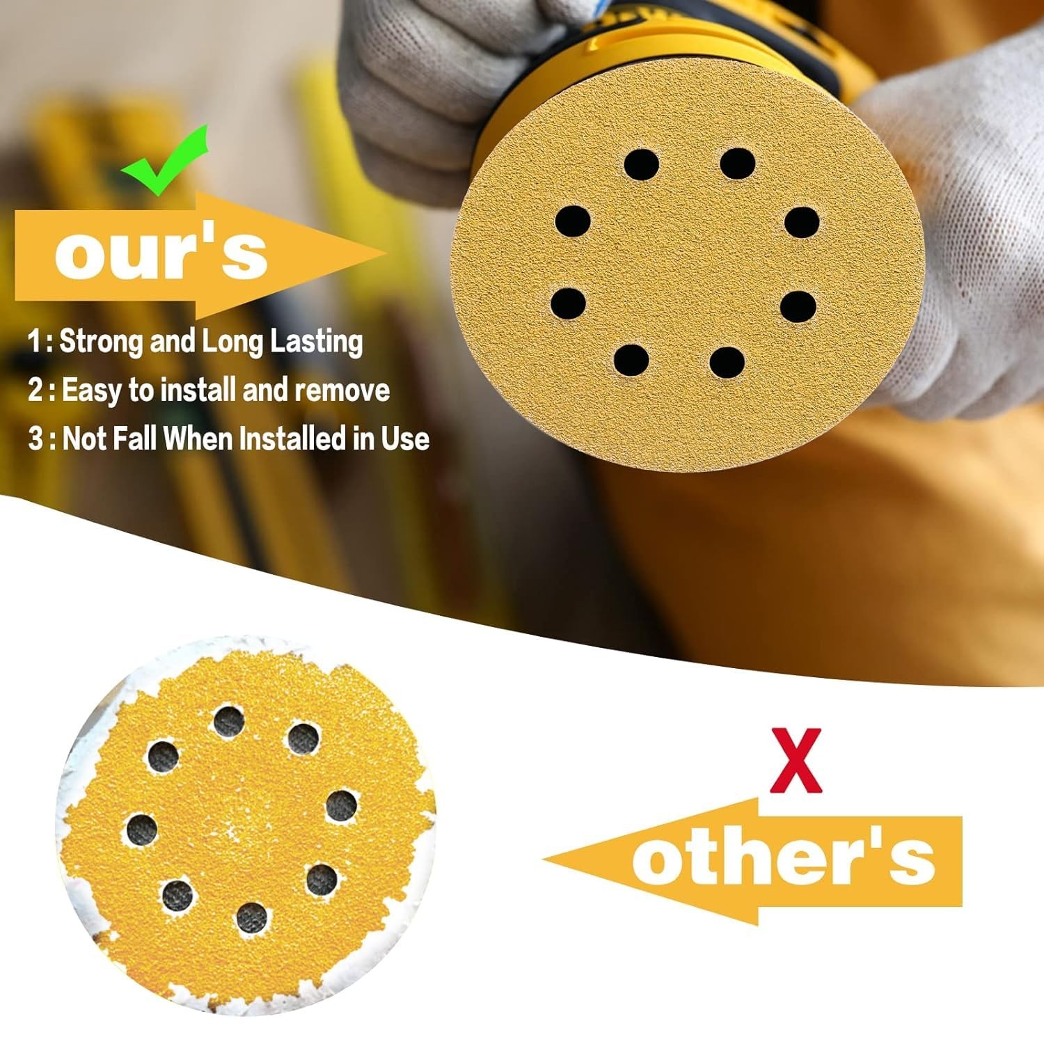 POTUINOM 110PCS 5 Inch 8 Hole Sanding Discs,Gold Round Hook and Loop Sandpape…