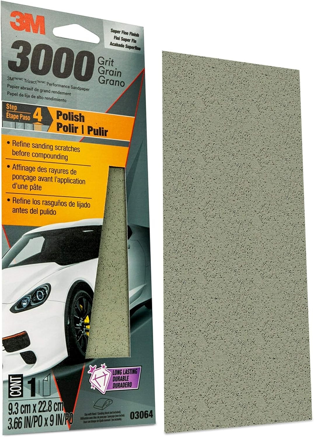 3M Performance 3000 Grit Sandpaper, 3-2/3 in x 9 in, 3 2/3 x 9 Gray