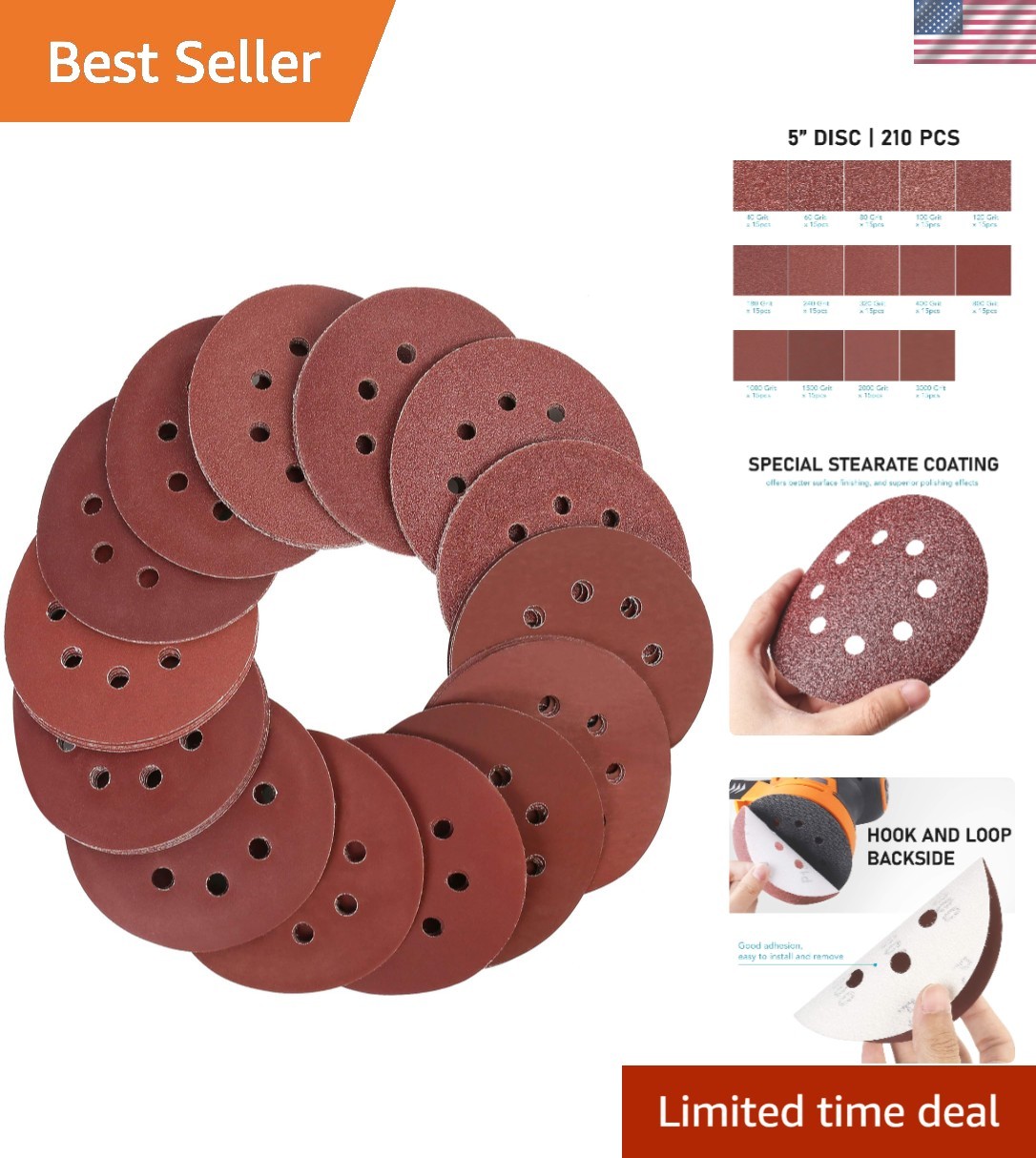 Professional 210-Piece Aluminum Oxide Sanding Discs, 5″ for Smooth Finishing