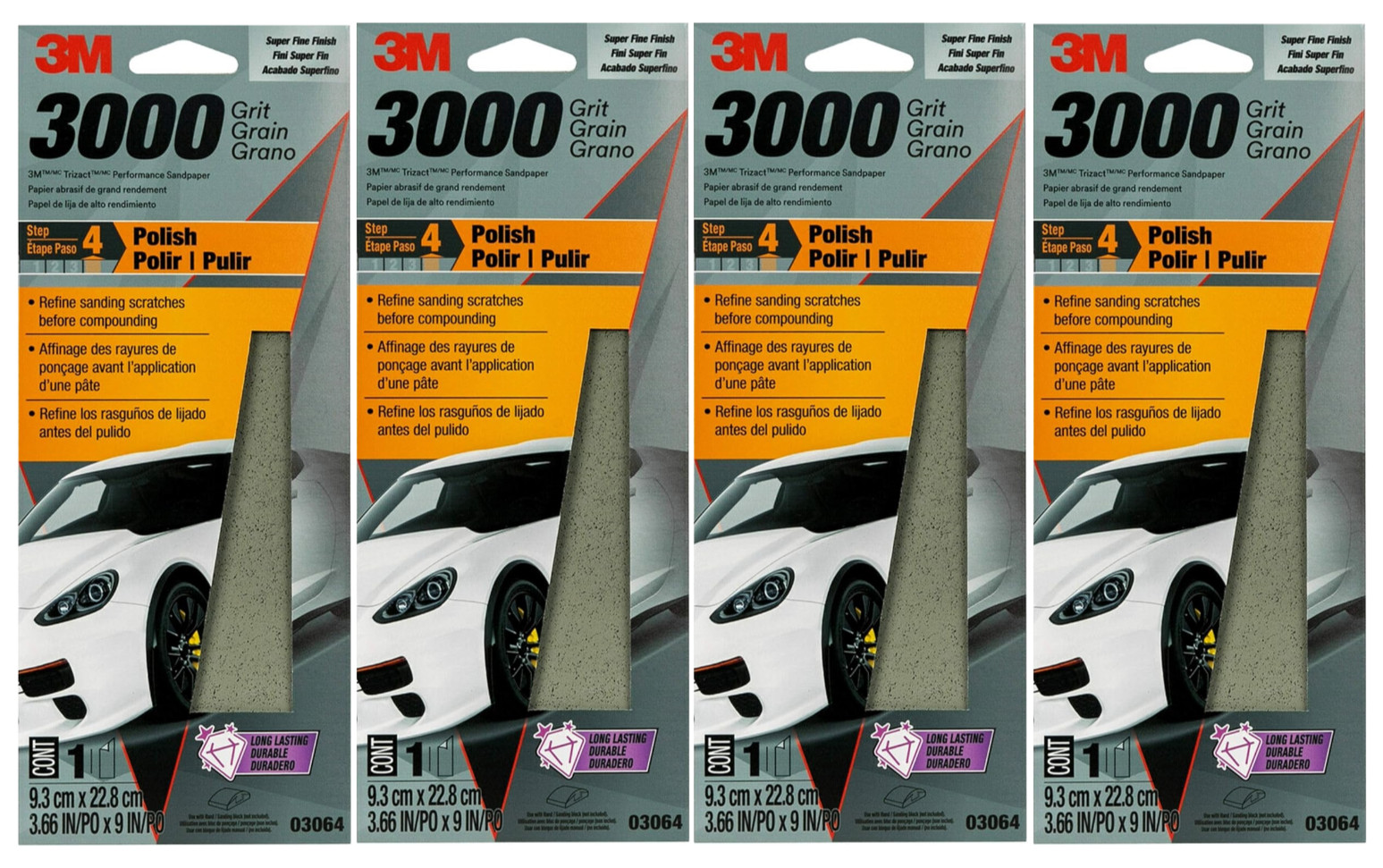 3M Performance 3000 Grit Sandpaper, 3-2/3 in x 9 in 4 Pack