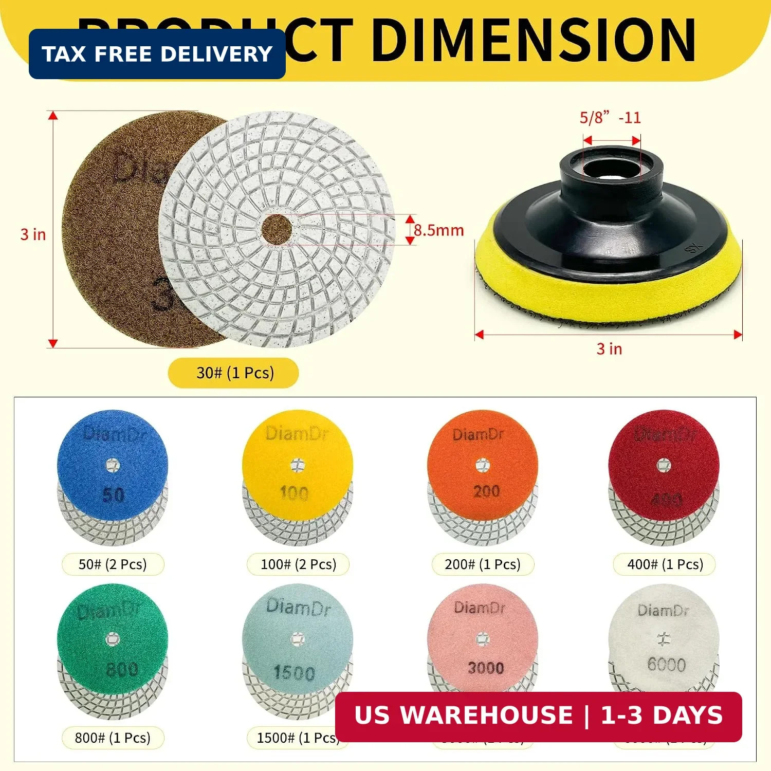 3 Inch Diamond Polishing Pads Tile Stone Diamond Sanding Pads Kit Including 5/8-