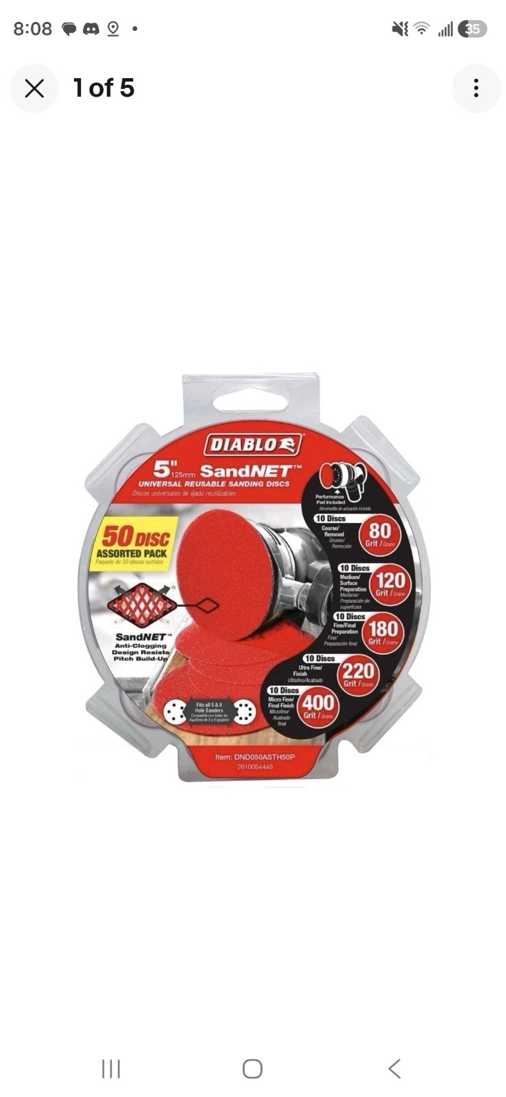 Diablo DND050ASTH50P 5 ” inch SandNet Coated Assorted Disc 50 Pack 80-400 grit