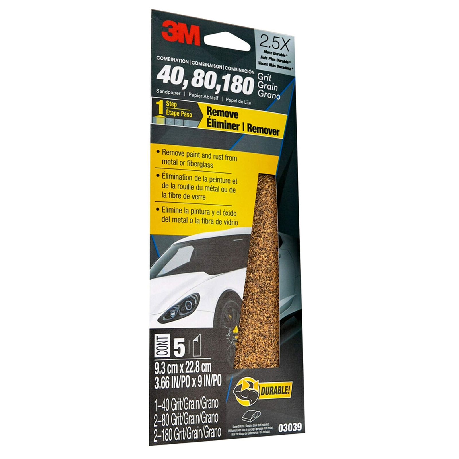 3M Sandpaper, 03039, Assorted Grits (40, 80, 120), 3 2/3 in x 9 in, 5 Sheets