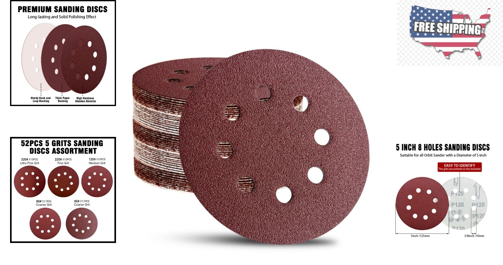 52-Pack 5-Inch Aluminum Oxide Sanding Discs for Orbital Sanders – Mixed Grits
