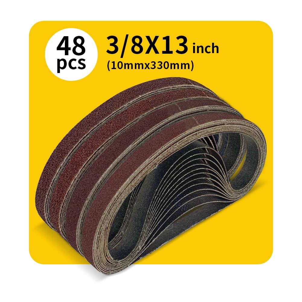 48 Pcs 3/8 X 13 Inch Sanding Belts, Aluminum Oxide Abrasive File Belts for 3/8 I