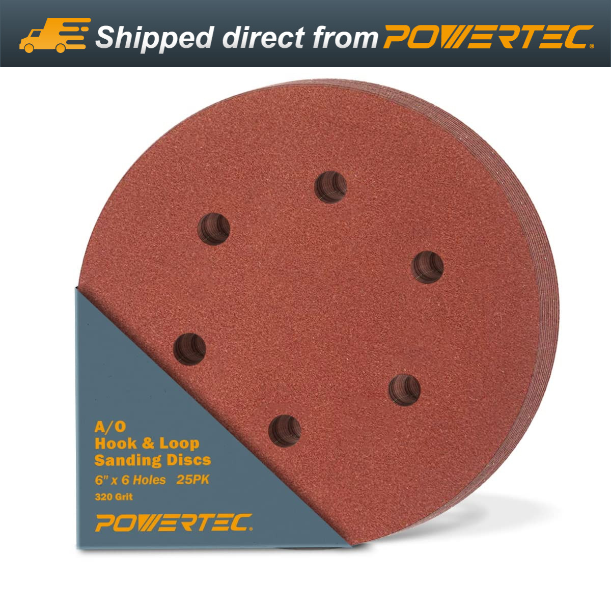 POWERTEC 45232 A/O Hook and Loop 6 Hole Disc, 6″, 320 Grit, 25PK