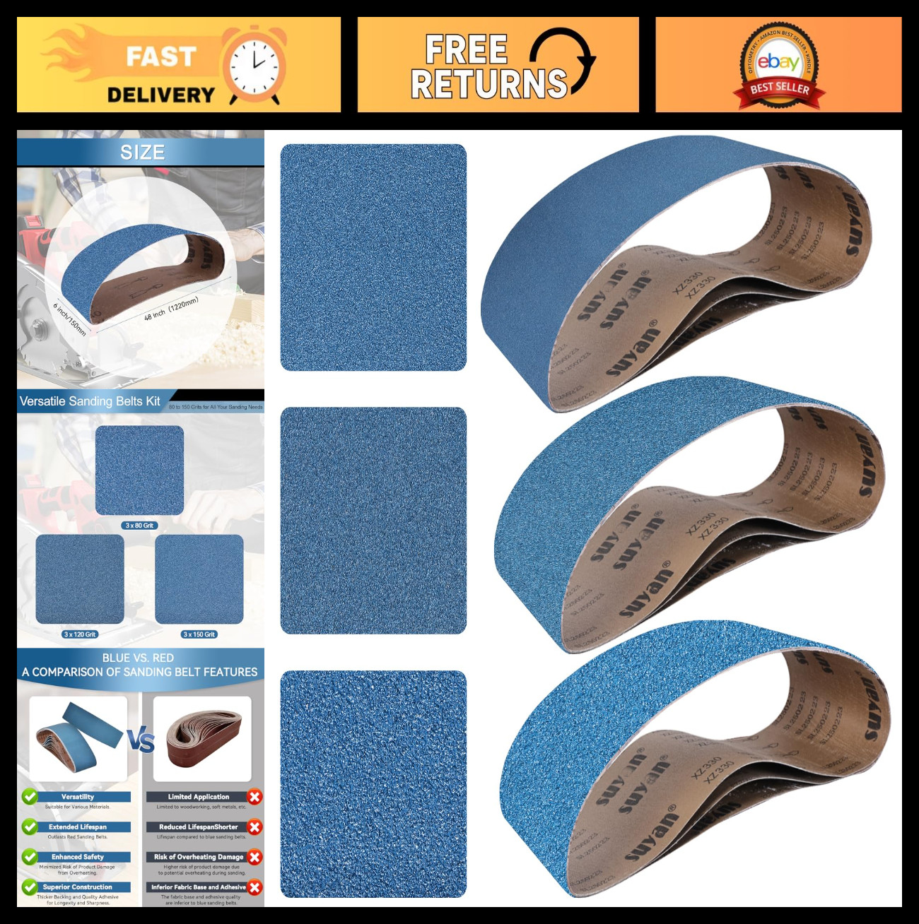 9 Pcs Heavy Duty Sanding Belts 6×48 Inch – 3 Grits (80/120/150) for Wood, Metal,