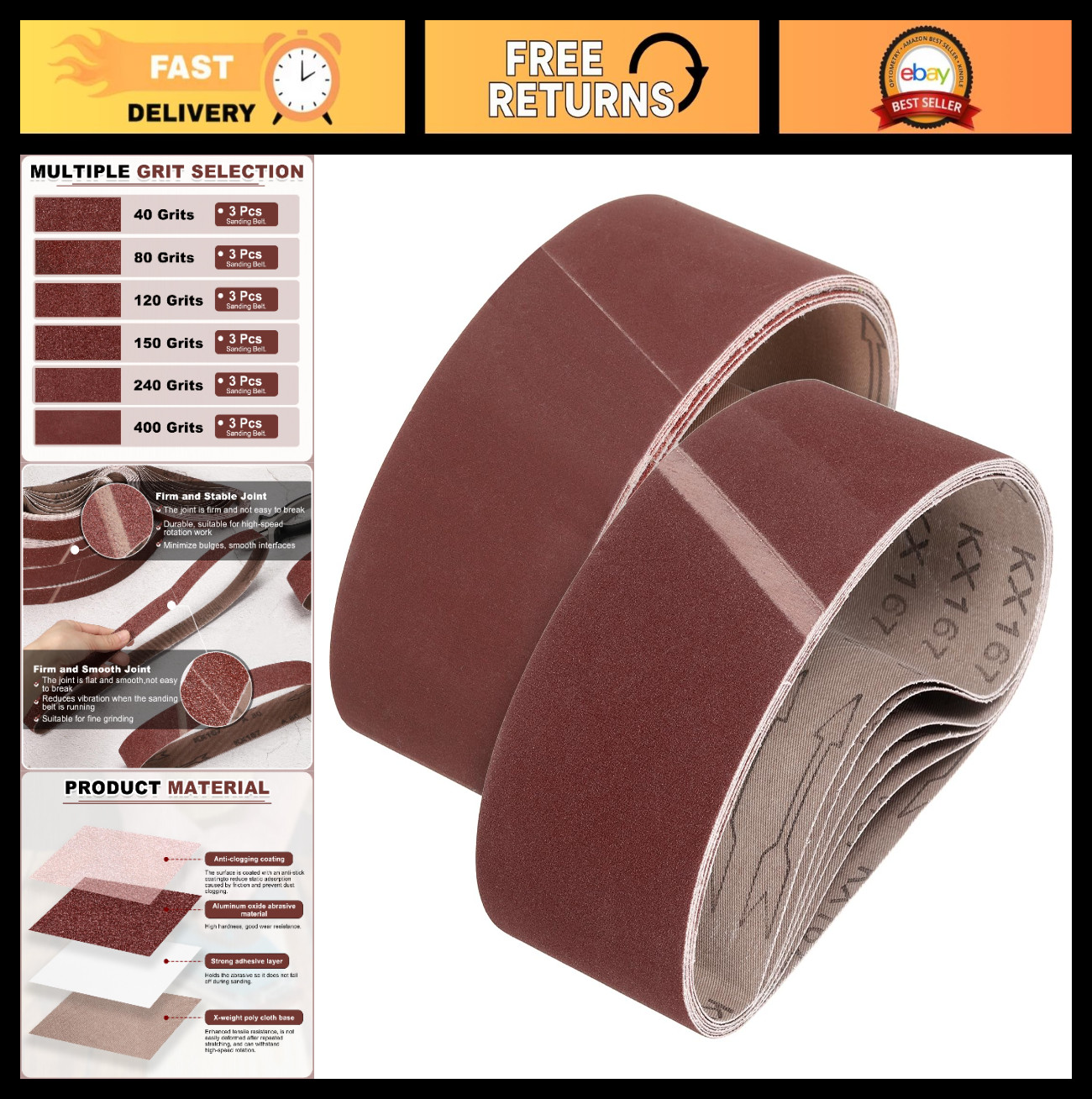 3″x24″ Sanding Belts – 18 Pcs Aluminum Oxide Grits 40/80/120/150/240/400 for Woo