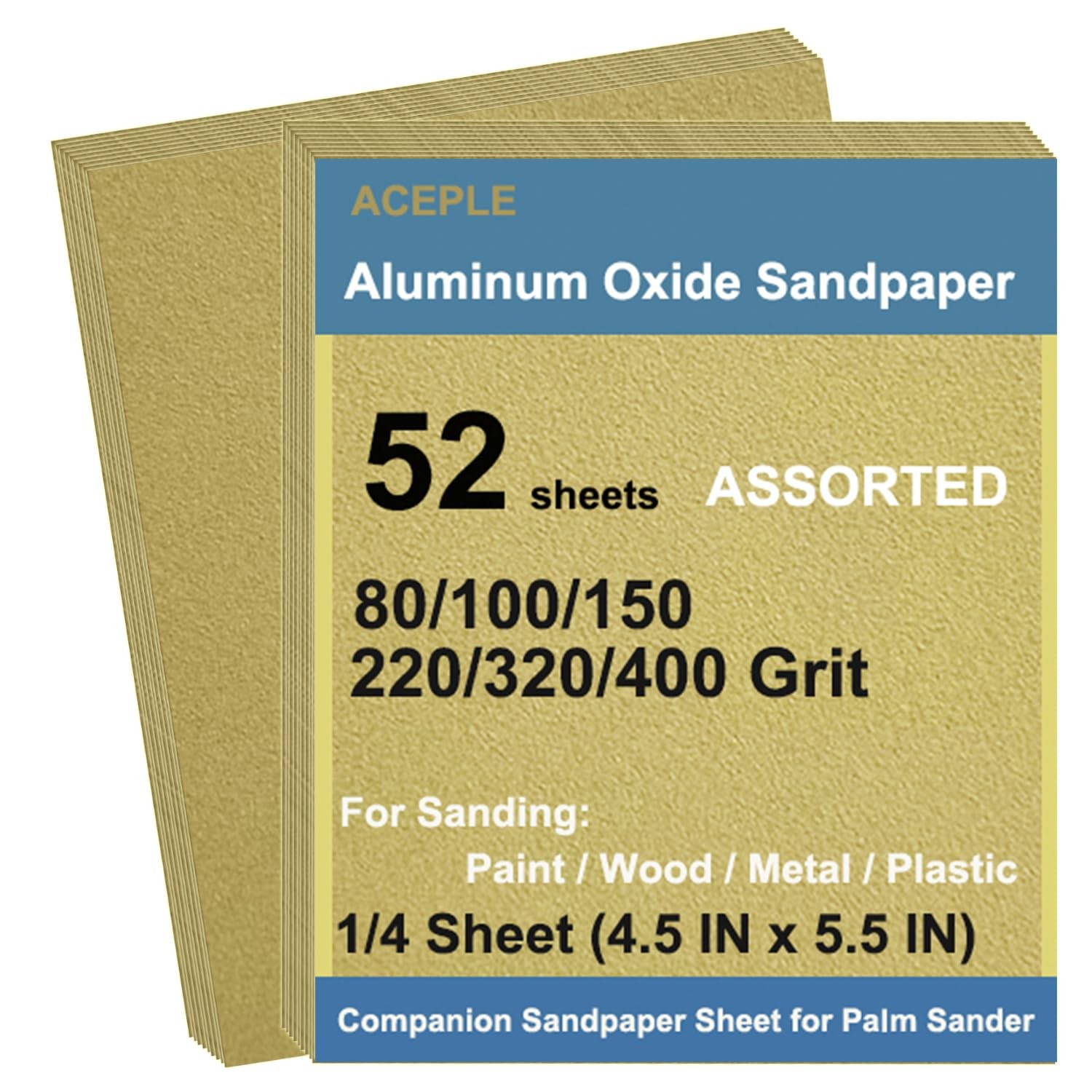 52Pcs 4.5×5.5 In 1/4 Sheet 80400 Grit Aluminum Oxide Block Sandpaper Kit