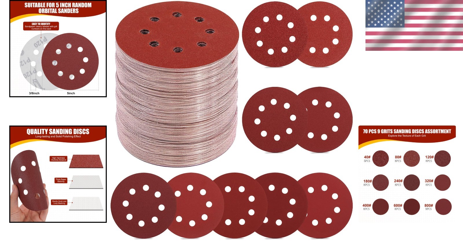 70 PCS 5-Inch 8-Hole Sanding Discs Set – Assorted Grits for Orbital Sanders