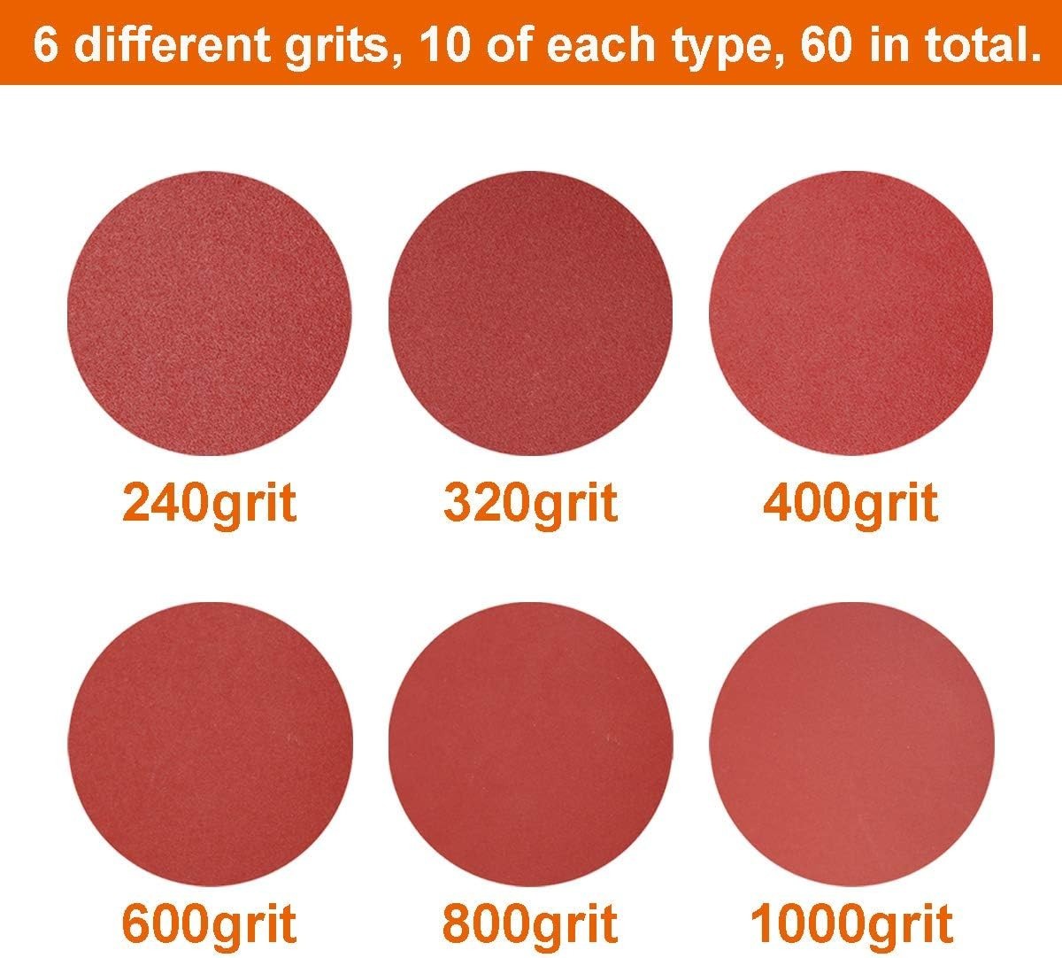 Professional 5 Inch Sandpaper Discs 60 Pcs, Aluminum Oxide for Orbital Sanders