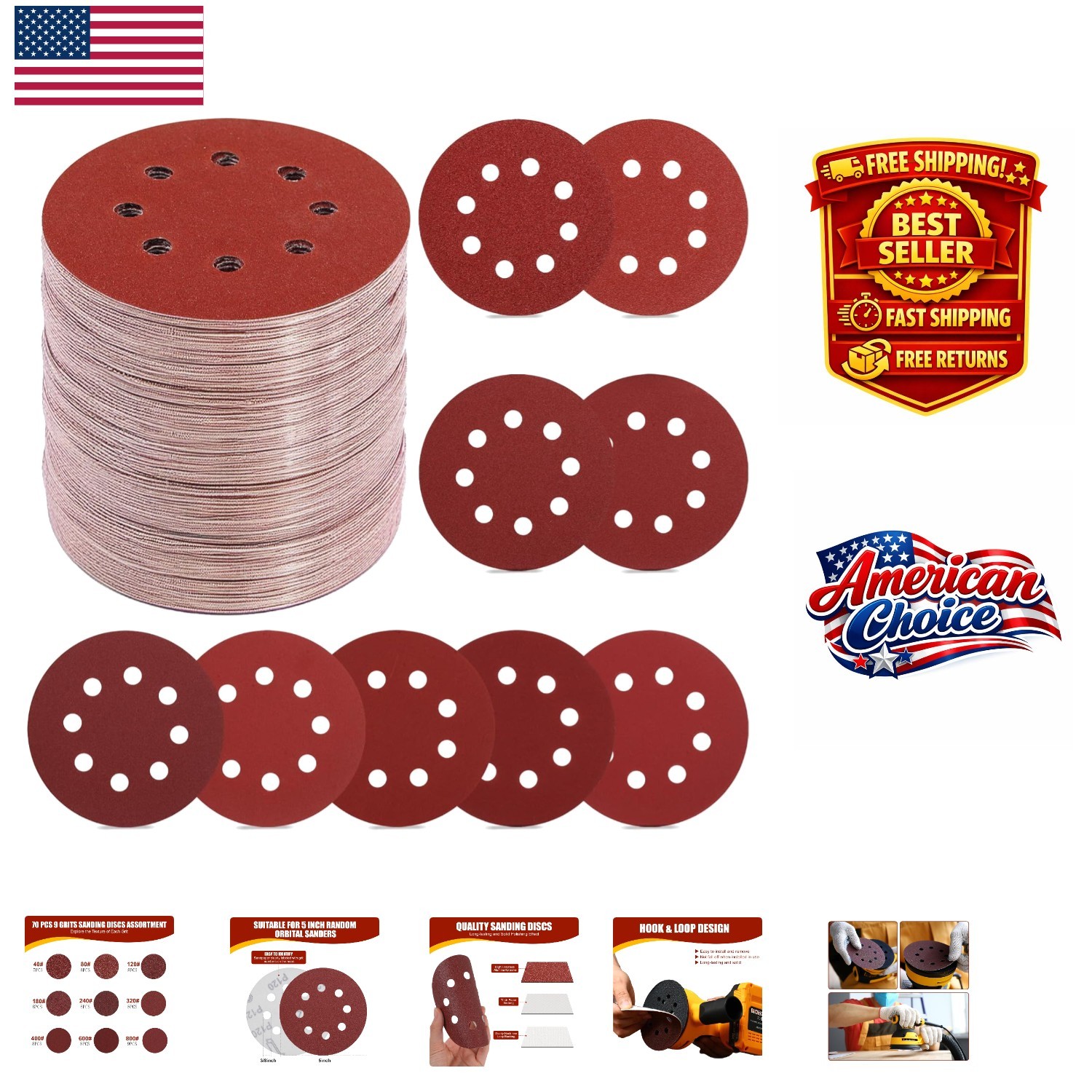 Versatile 70 PCS 5 Inch Sanding Discs Set – Efficient Hook and Loop Sandpaper