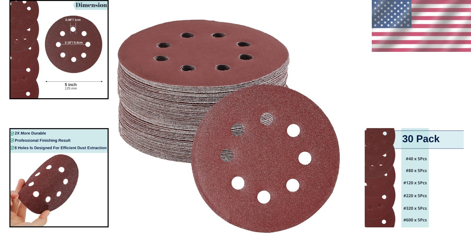 Bates 5 Inch Sanding Discs – 30 Count, Assorted Grits for Finishing Work