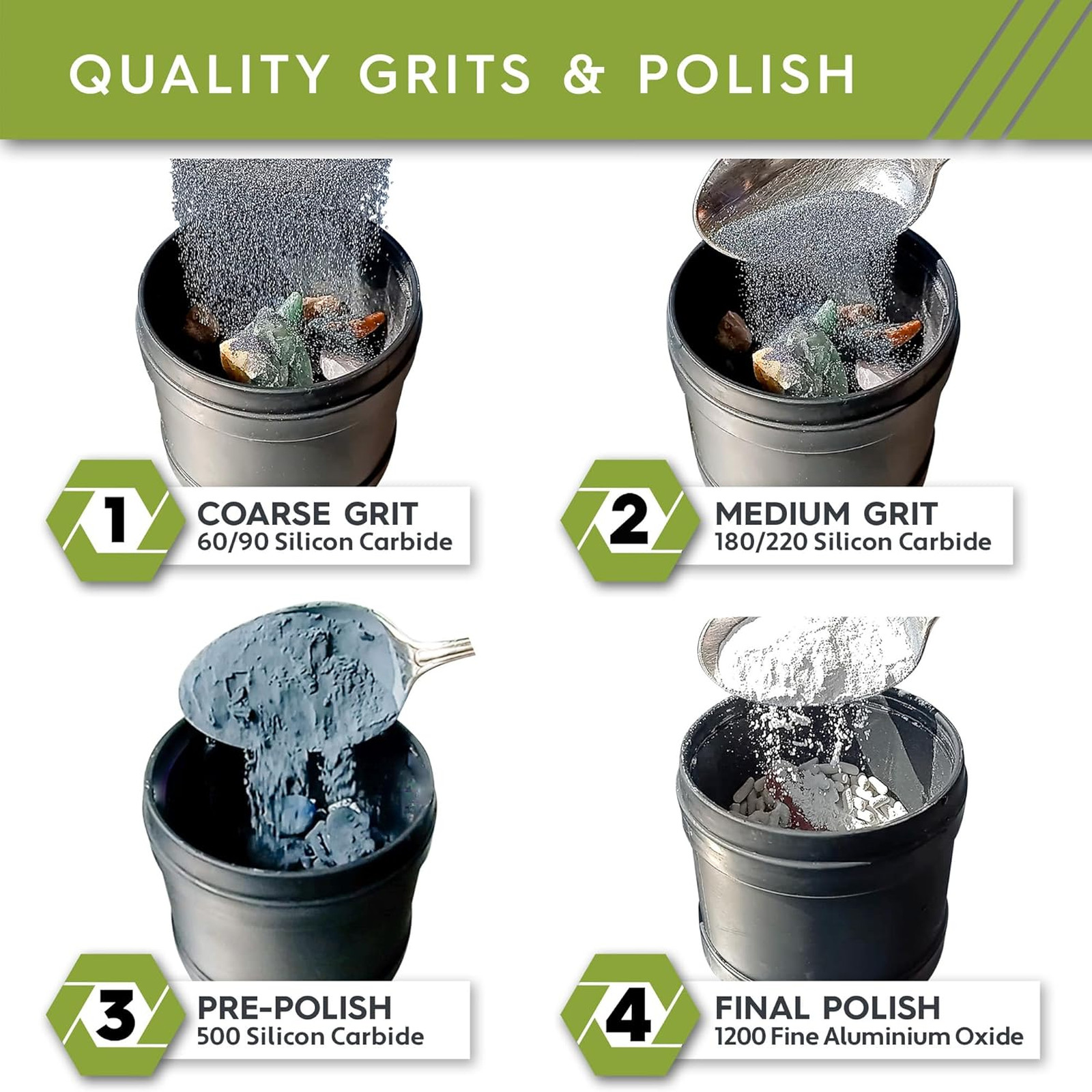 Rock Tumbler Grit and Polish Refill Set for Rock Polishing, Silicon Carbide and